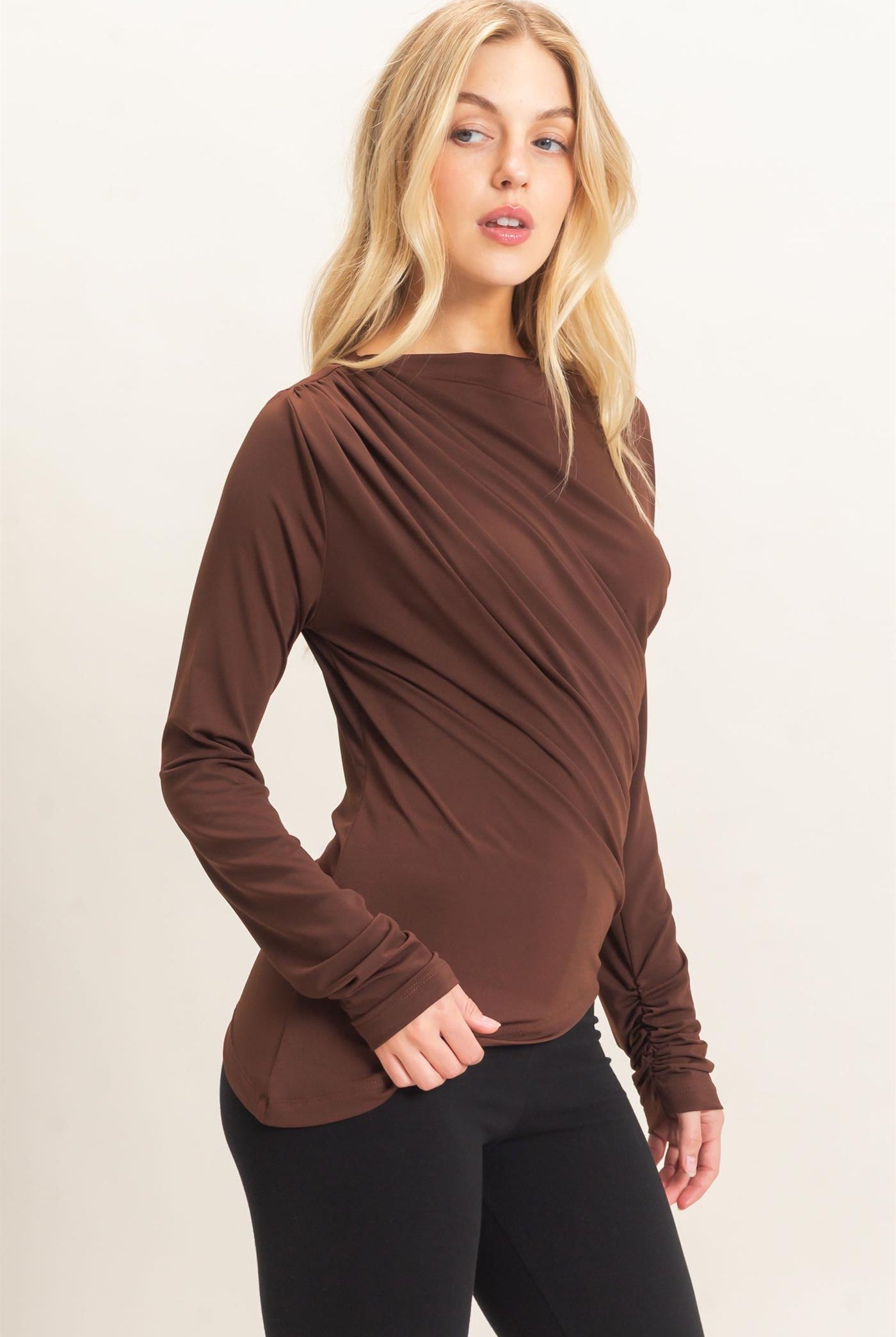 Wholesale Asymmetrical Ruched Long Sleeve Top Clothing Tops HF26C683 CHOCOLATE HYFVE