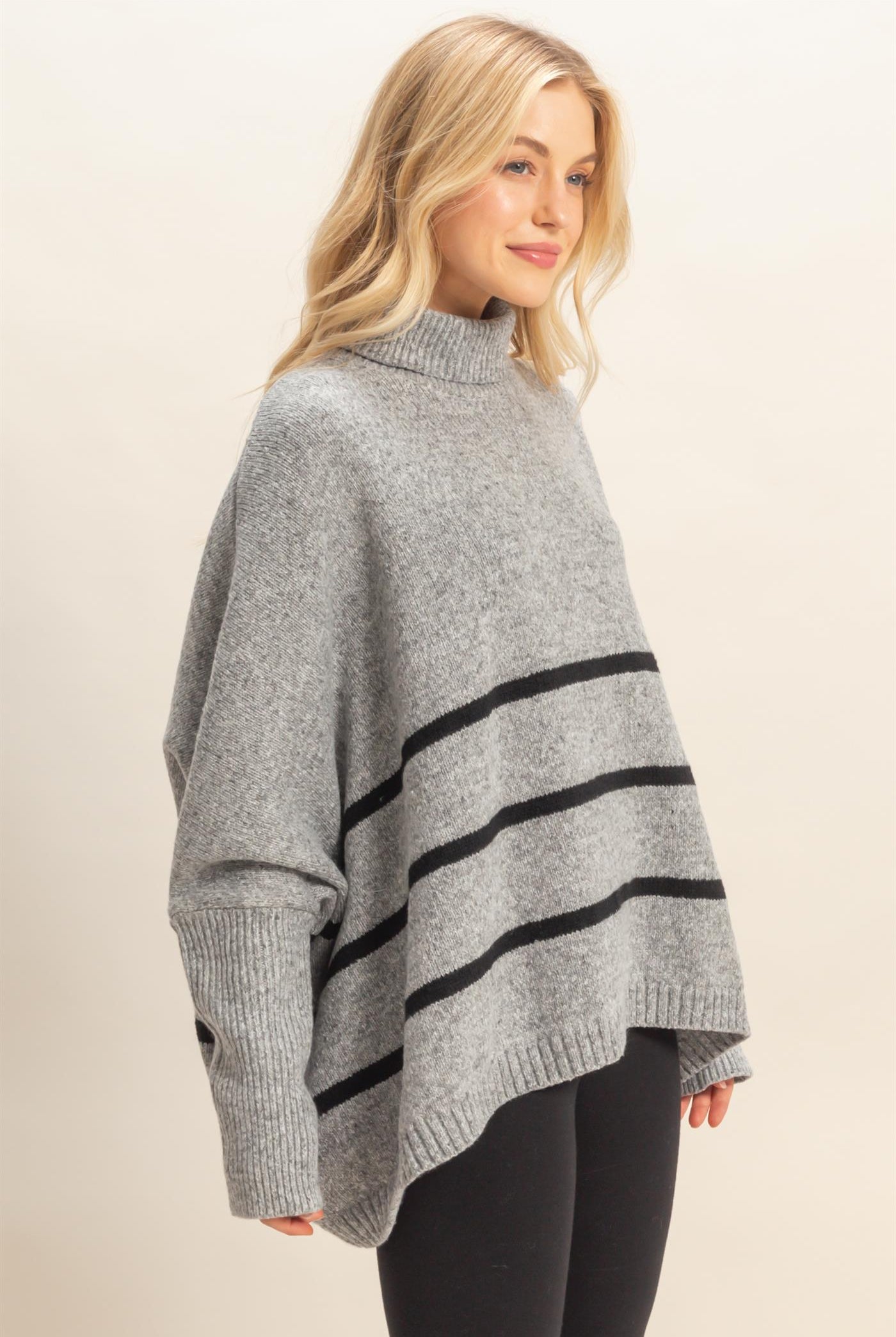 Wholesale Striped Turtle Neck Oversized Sweater Sweaters HF25F290 HEATHER GRAY HYFVE