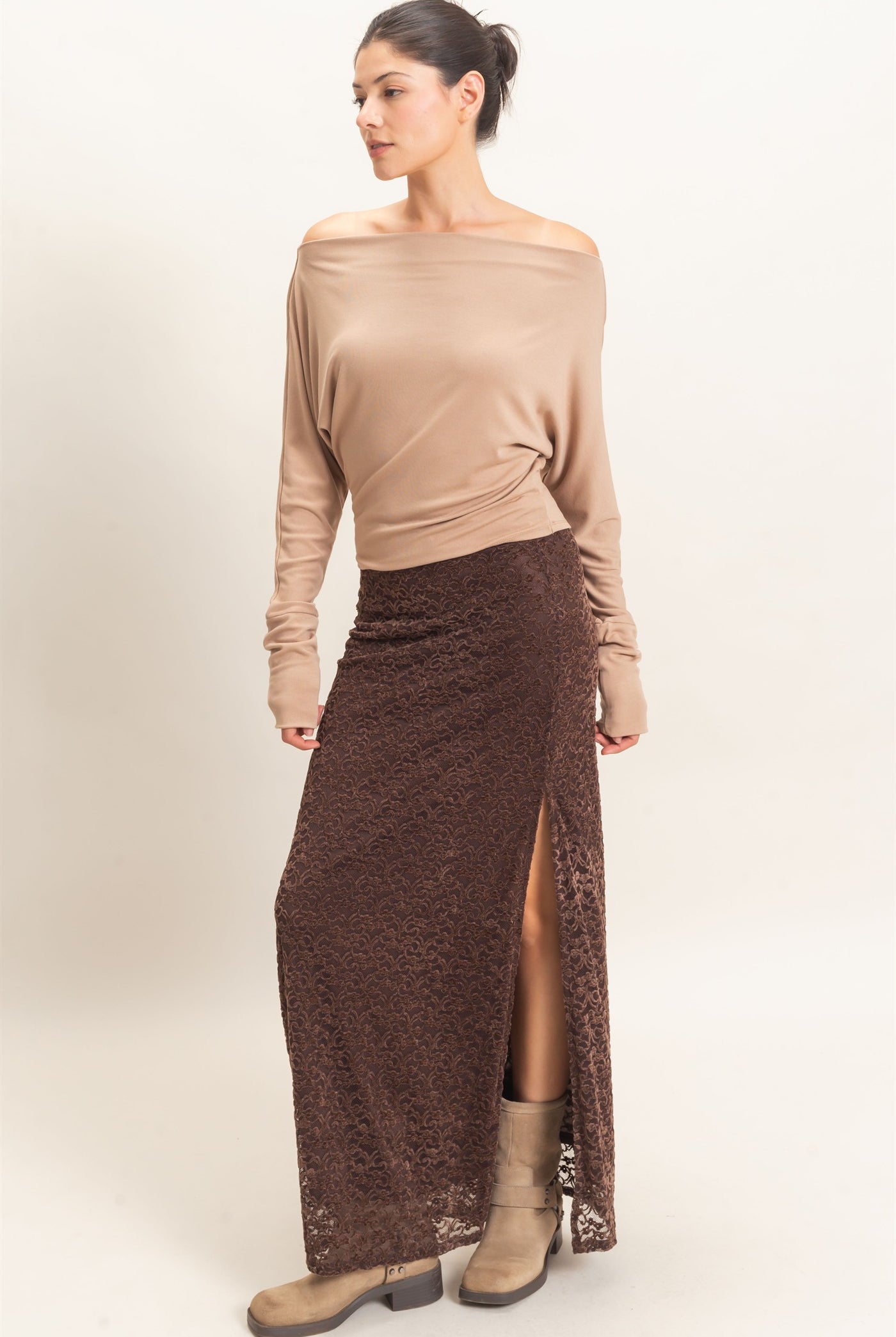 Wholesale Wide Boat Neck Dolman Sleeve Top Shirts HF26C883 LIGHT BROWN HYFVE