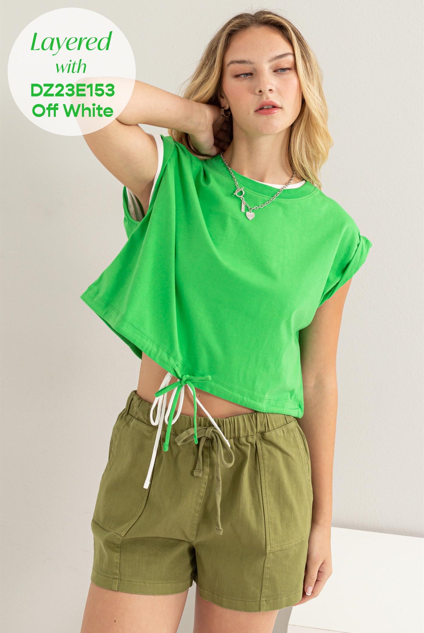 Wholesale Drawstring Hem Crop Top Clothing Tops DZ23E153 GREEN DOUBLE ZERO