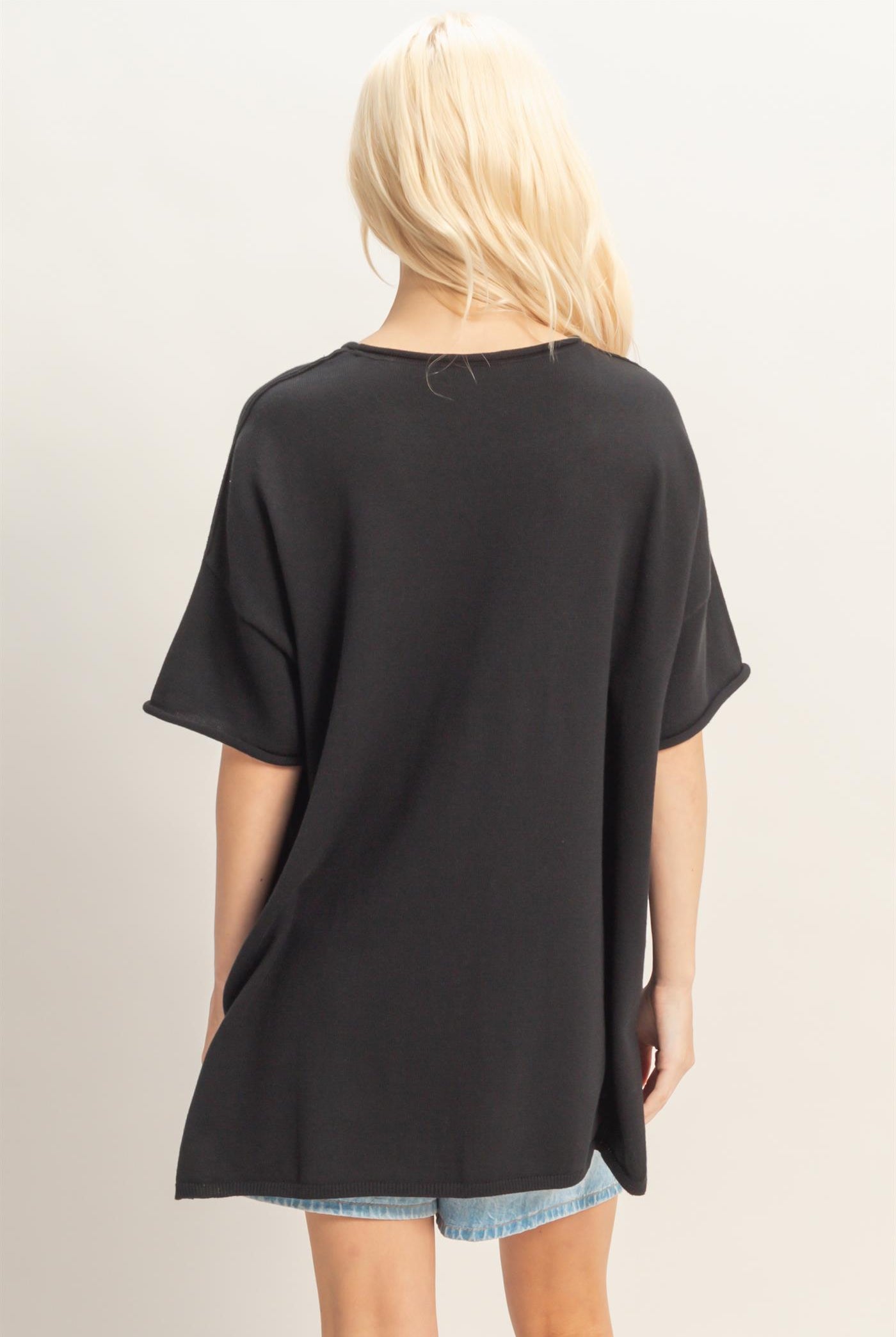 Wholesale Oversized Short Sleeve Round Neck Pocket Knit Top Clothing Tops DZ26A691 BLACK DOUBLE ZERO