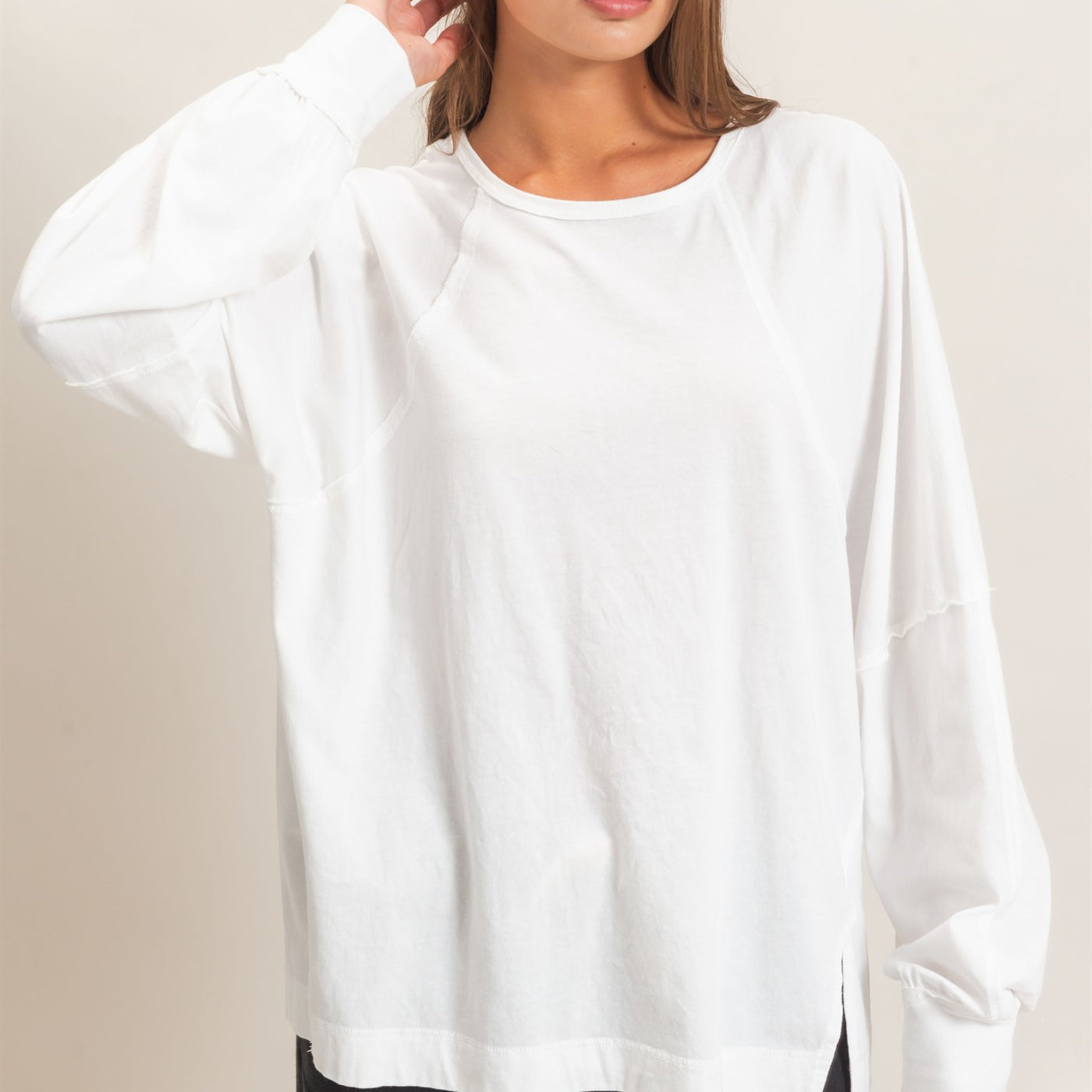 Wholesale Raglan Sleeve Snow Wash Top Shirts DZ26E945 WHITE DOUBLE ZERO