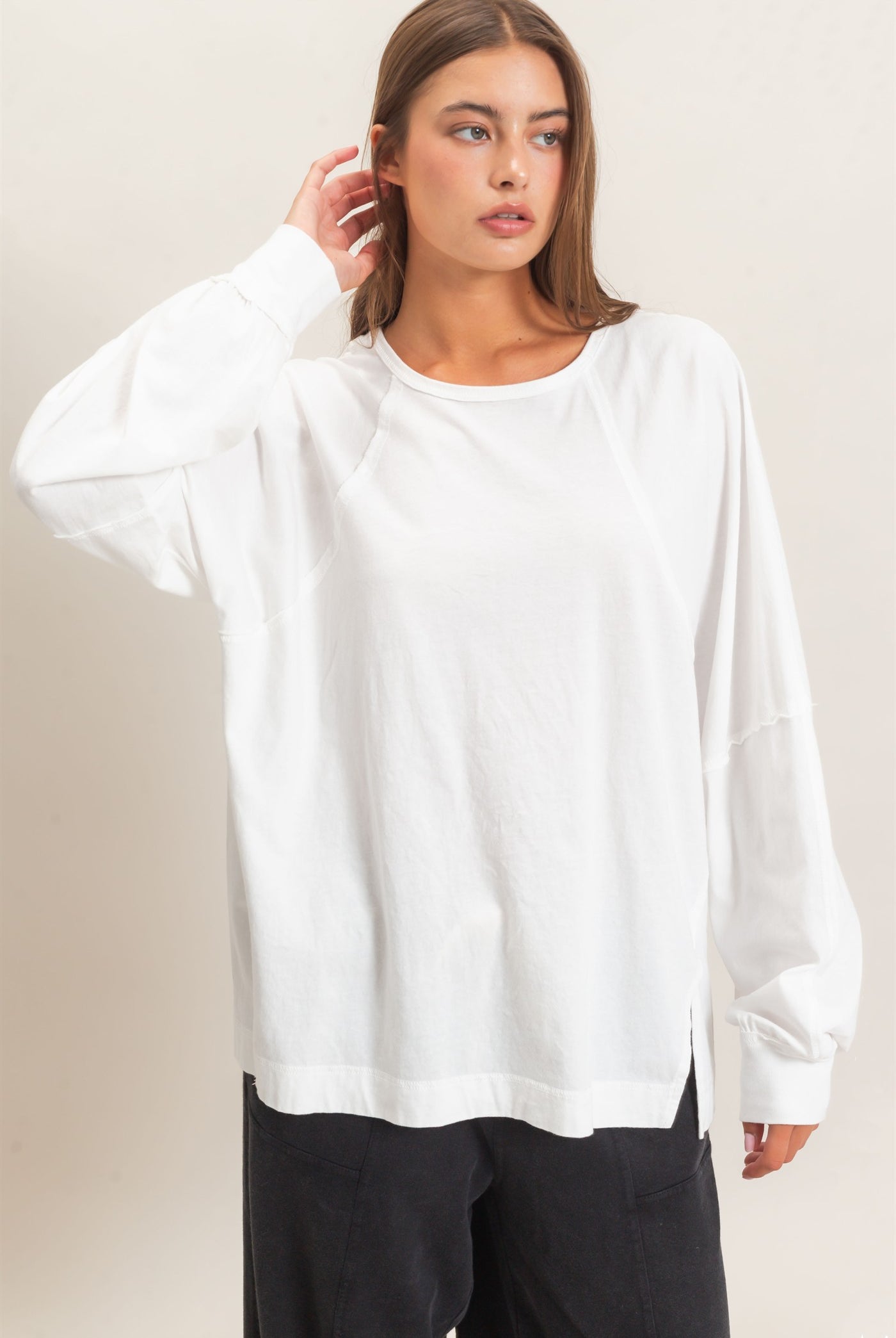 Wholesale Raglan Sleeve Snow Wash Top Shirts DZ26E945 WHITE DOUBLE ZERO