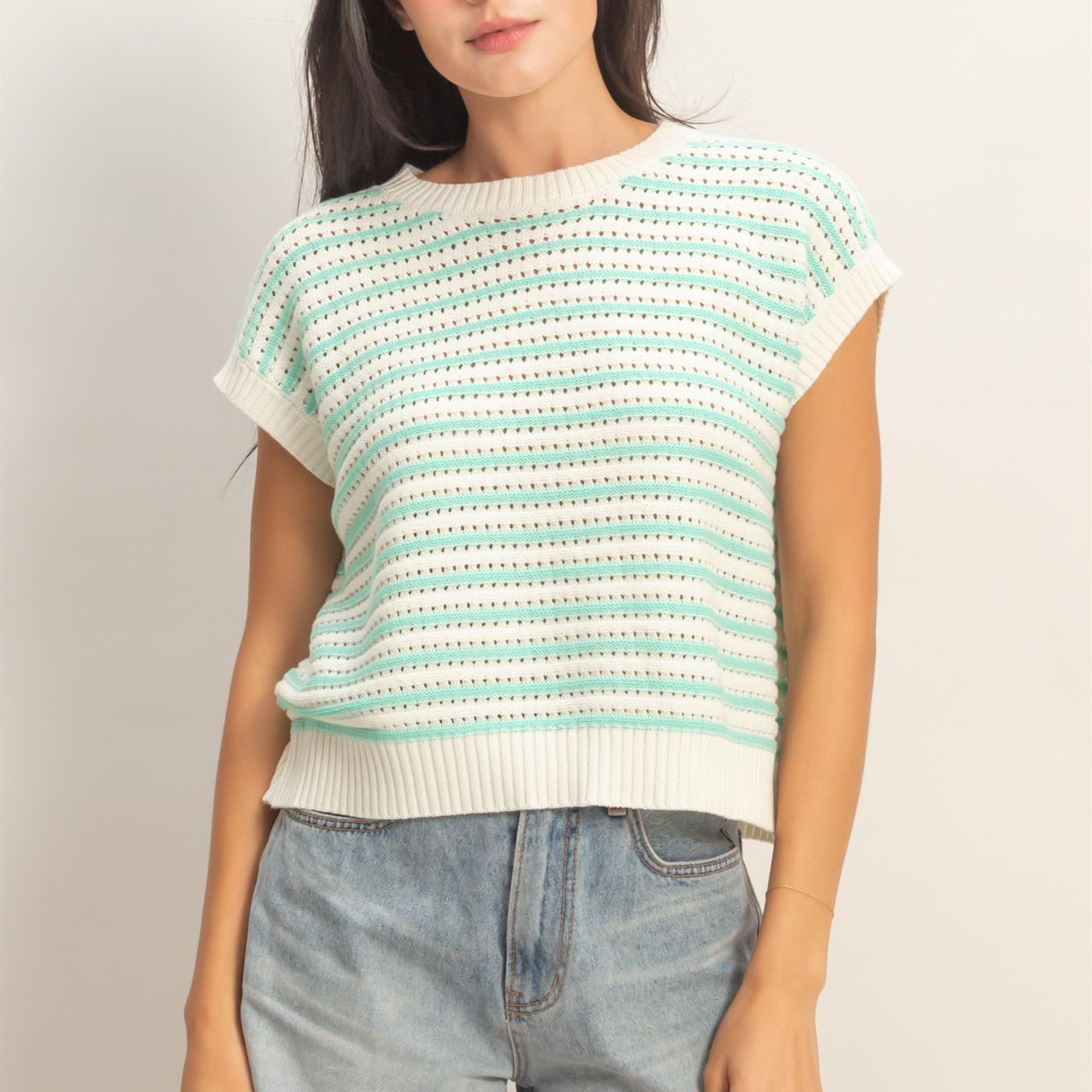 Wholesale Striped Sleeveless Crew Neck Top Sweaters DZ26A222 MINT DOUBLE ZERO