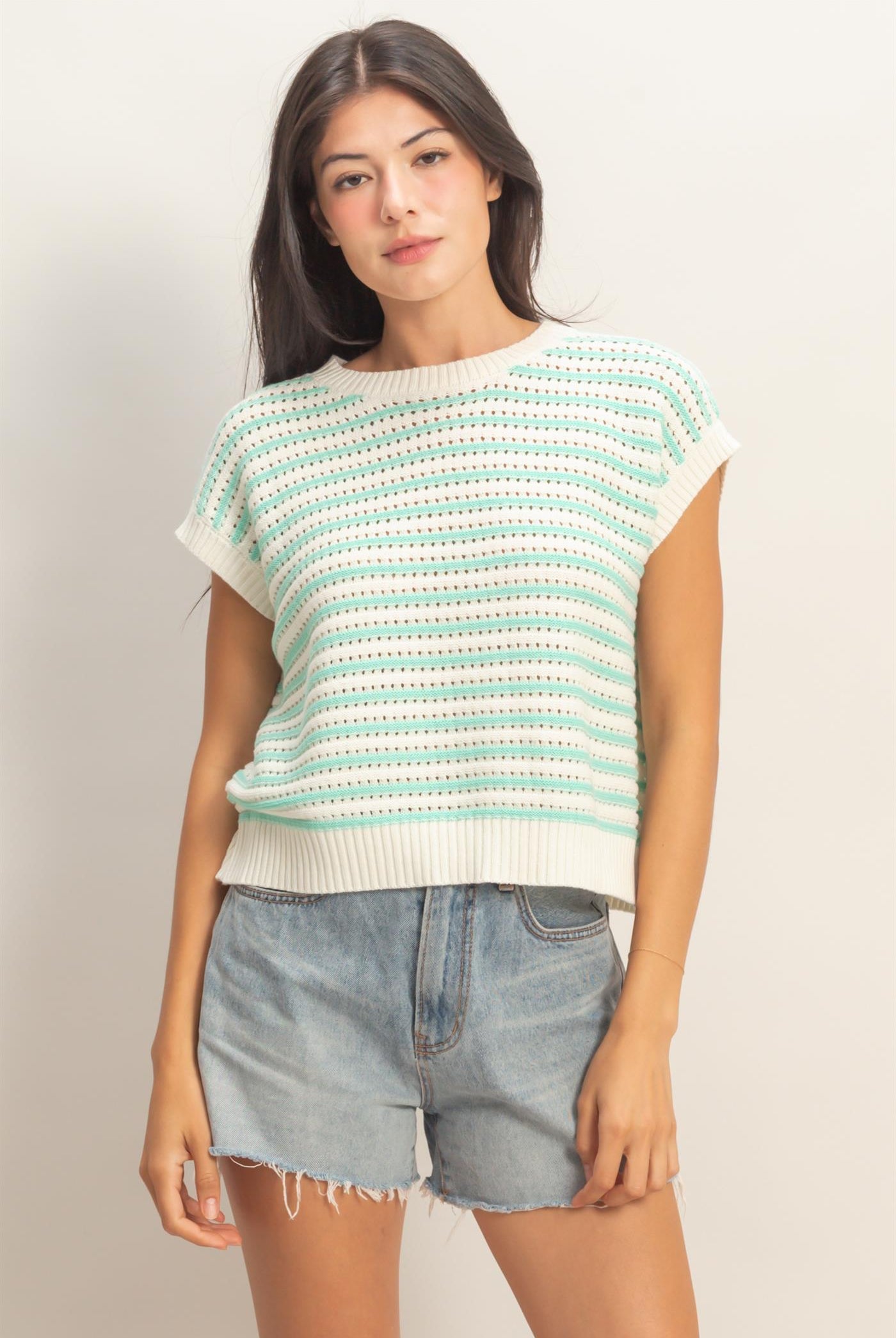 Wholesale Striped Sleeveless Crew Neck Top Sweaters DZ26A222 MINT DOUBLE ZERO