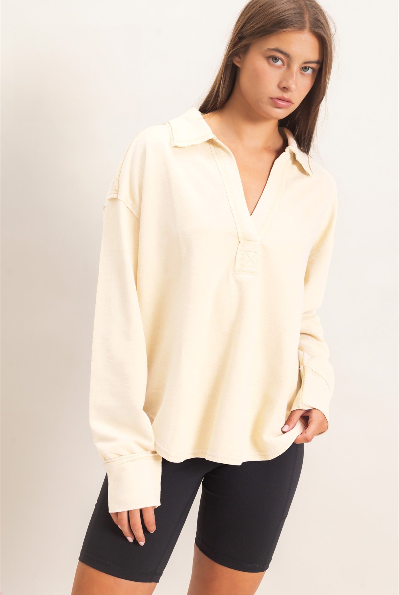 Wholesale Mineral Washed Polo Collar Long Sleeve Top Polos DZ26E887 ALPACA DOUBLE ZERO