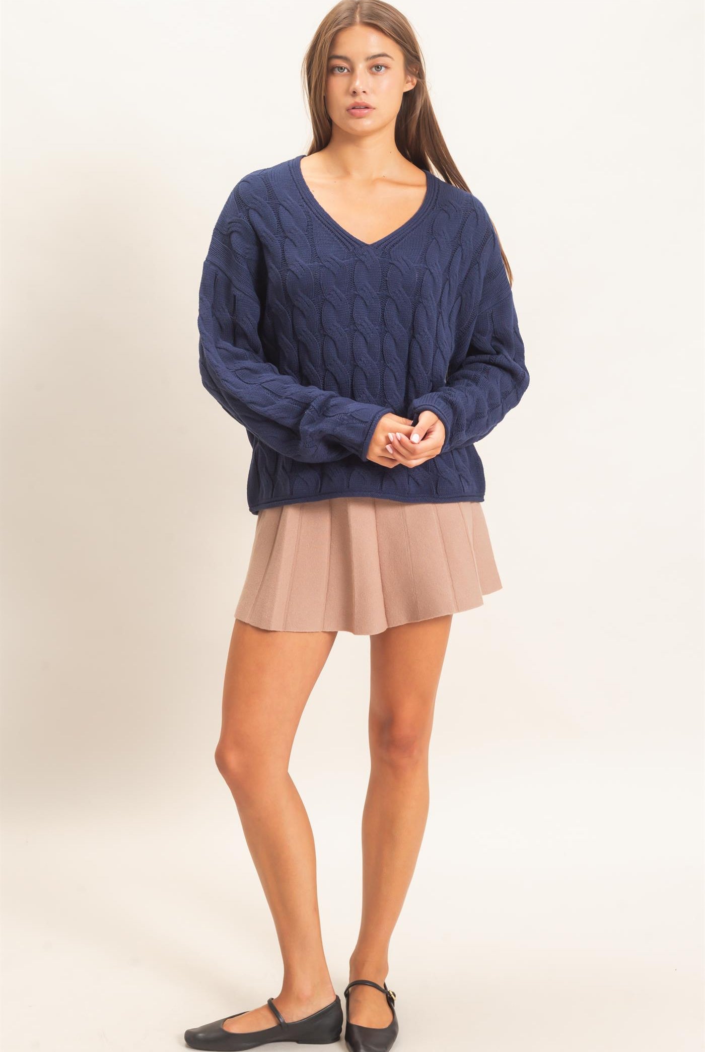 Wholesale Cable Knit V-Neck Sweater Sweaters DZ26E087 NAVY DOUBLE ZERO