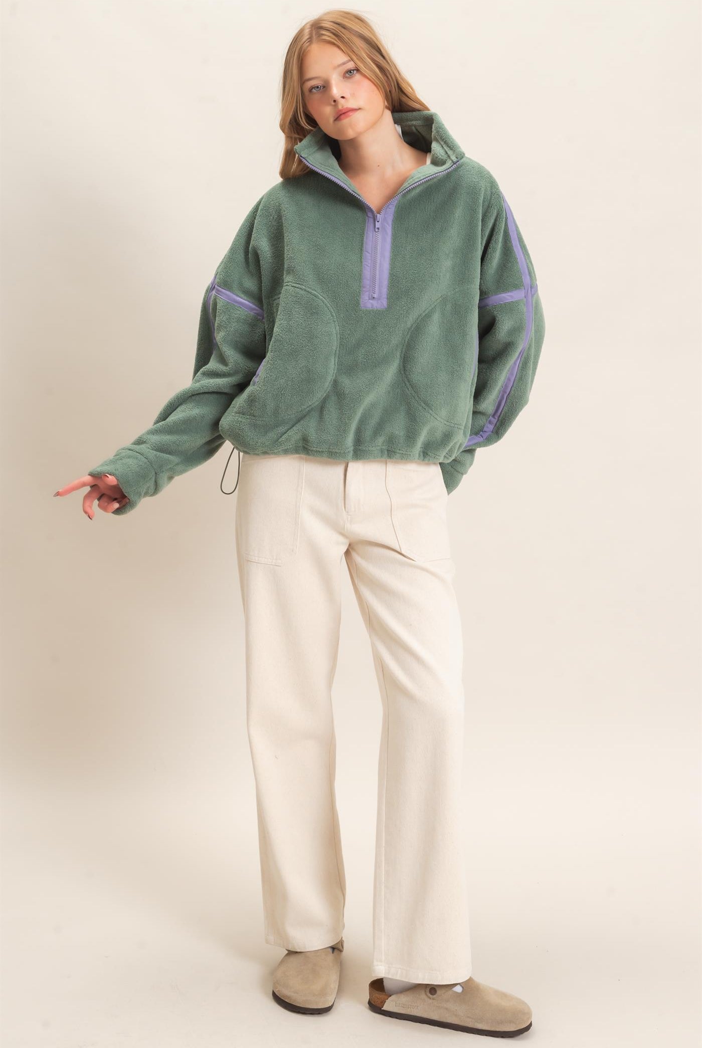 Wholesale Contrast Trim Half-Zip Fleece Pullover Outerwear HF26F206-D PISTACHIO HYFVE