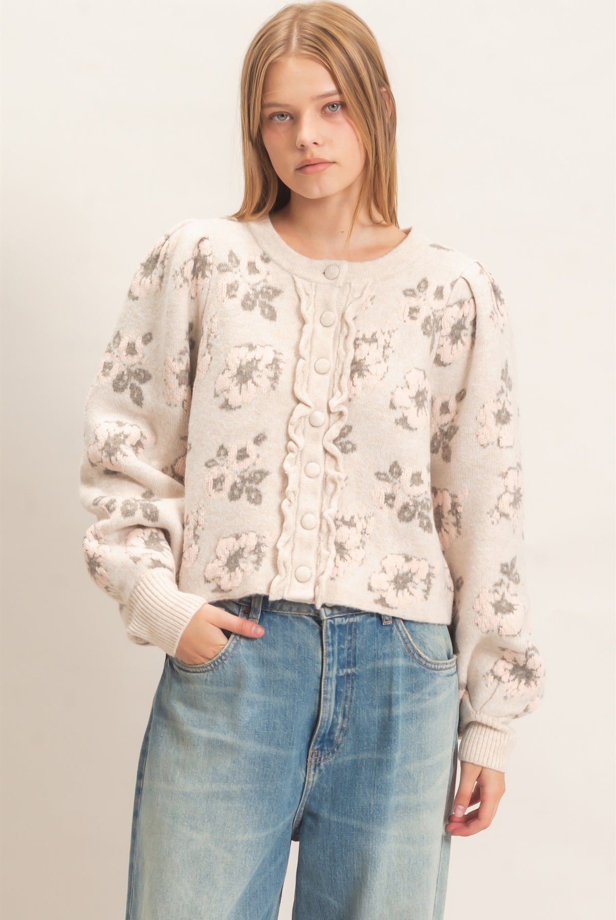 Wholesale Floral Jacquard Ruffle Placket Cardigan Cardigans HF26F148 BEIGE HYFVE
