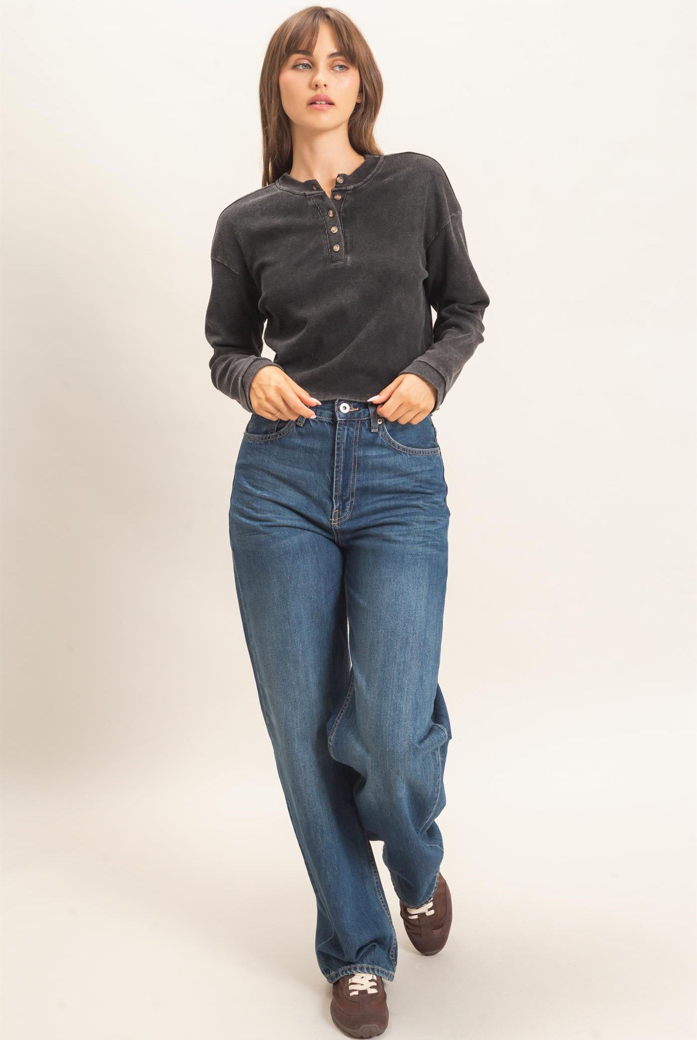 Wholesale Buttoned Henley Top Clothing Tops HF26F081 BLACK HYFVE