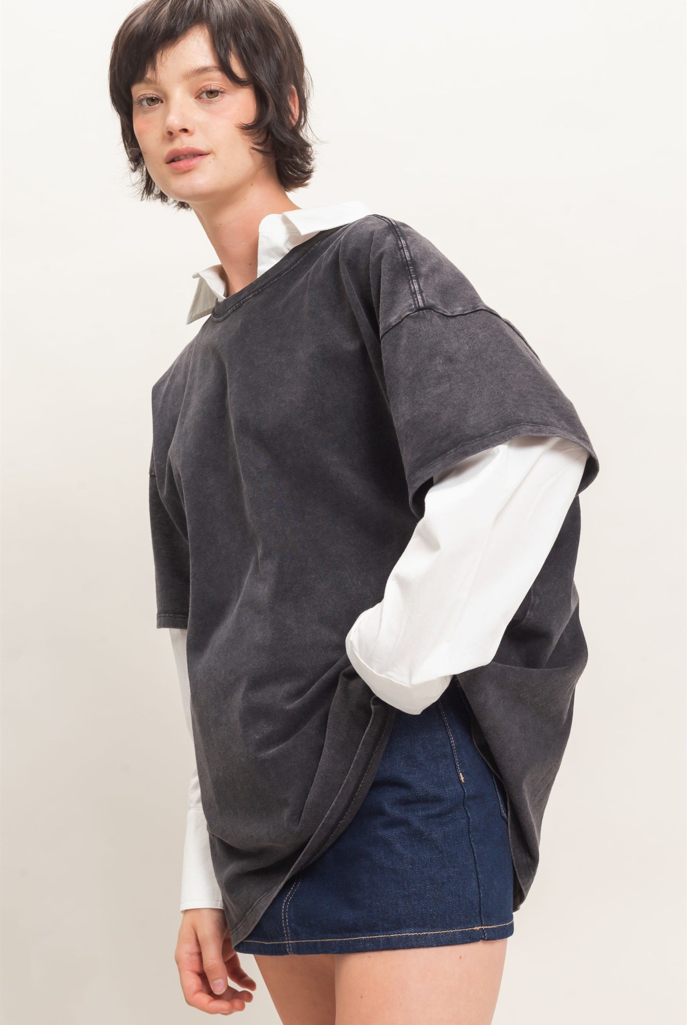 Wholesale Mineral Wash Oversized Crew Neck T-Shirts Clothing Tops DZ26C961 BLACK DOUBLE ZERO