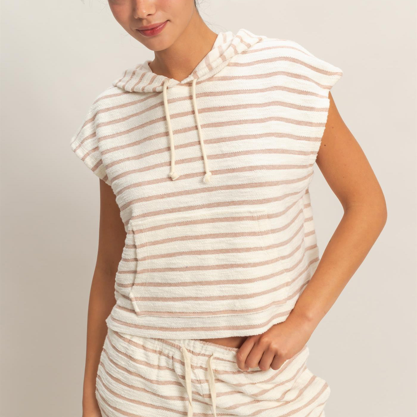 Wholesale Striped Hooded Top With Pocket Clothing Tops DZ26A755 TAUPE HYFVE