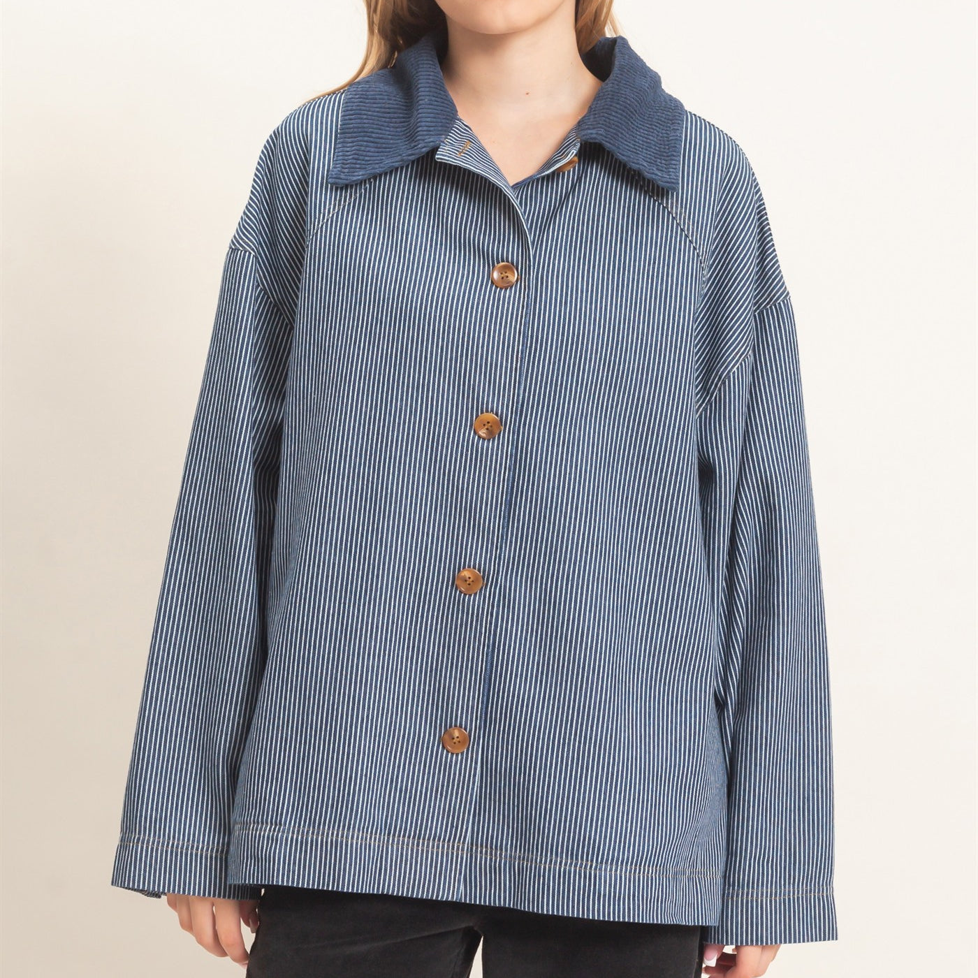 Wholesale Pinstripe Denim Jacket Coats & Jackets HF26C006 DARK DENIM HYFVE