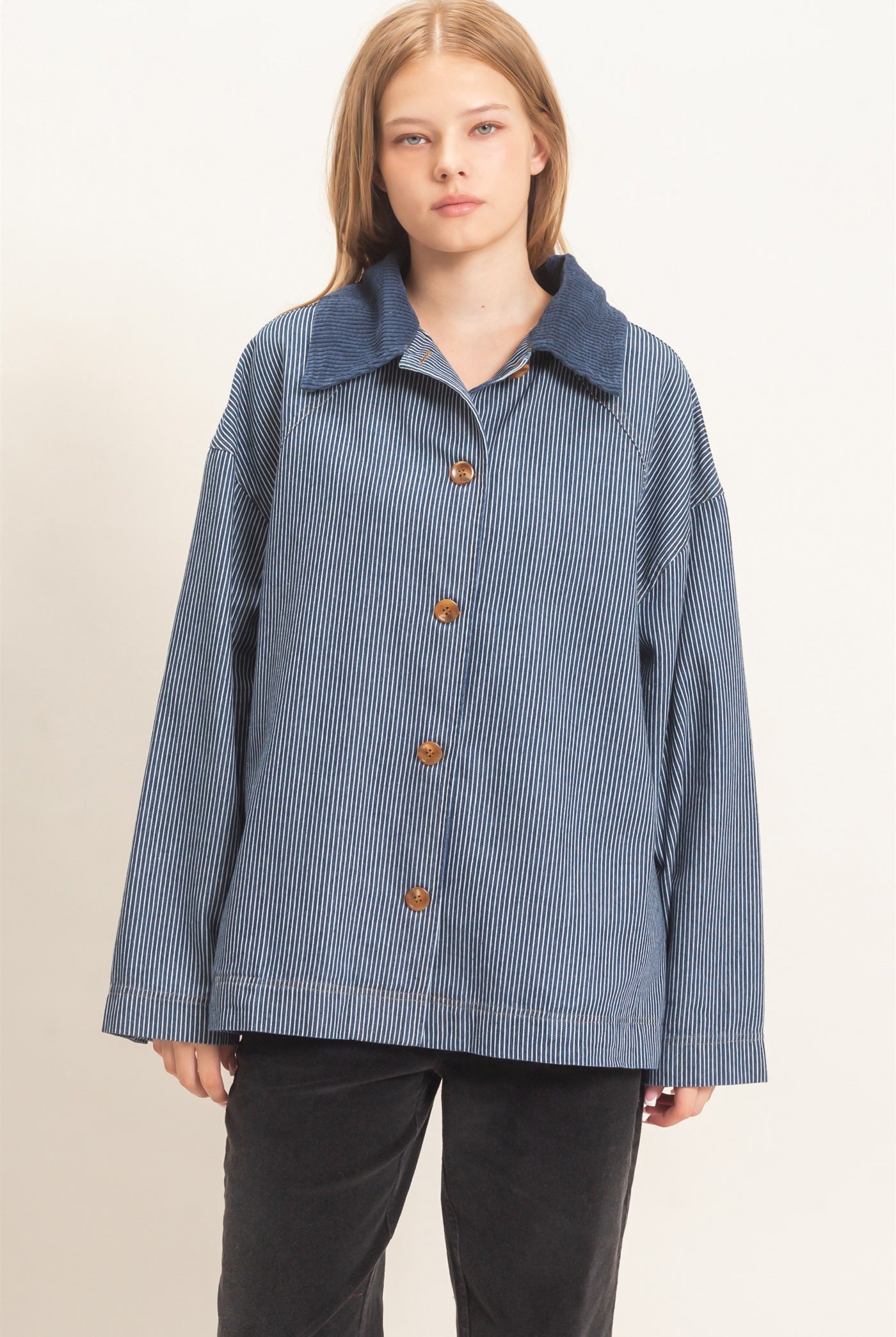 Wholesale Pinstripe Denim Jacket Coats & Jackets HF26C006 DARK DENIM HYFVE