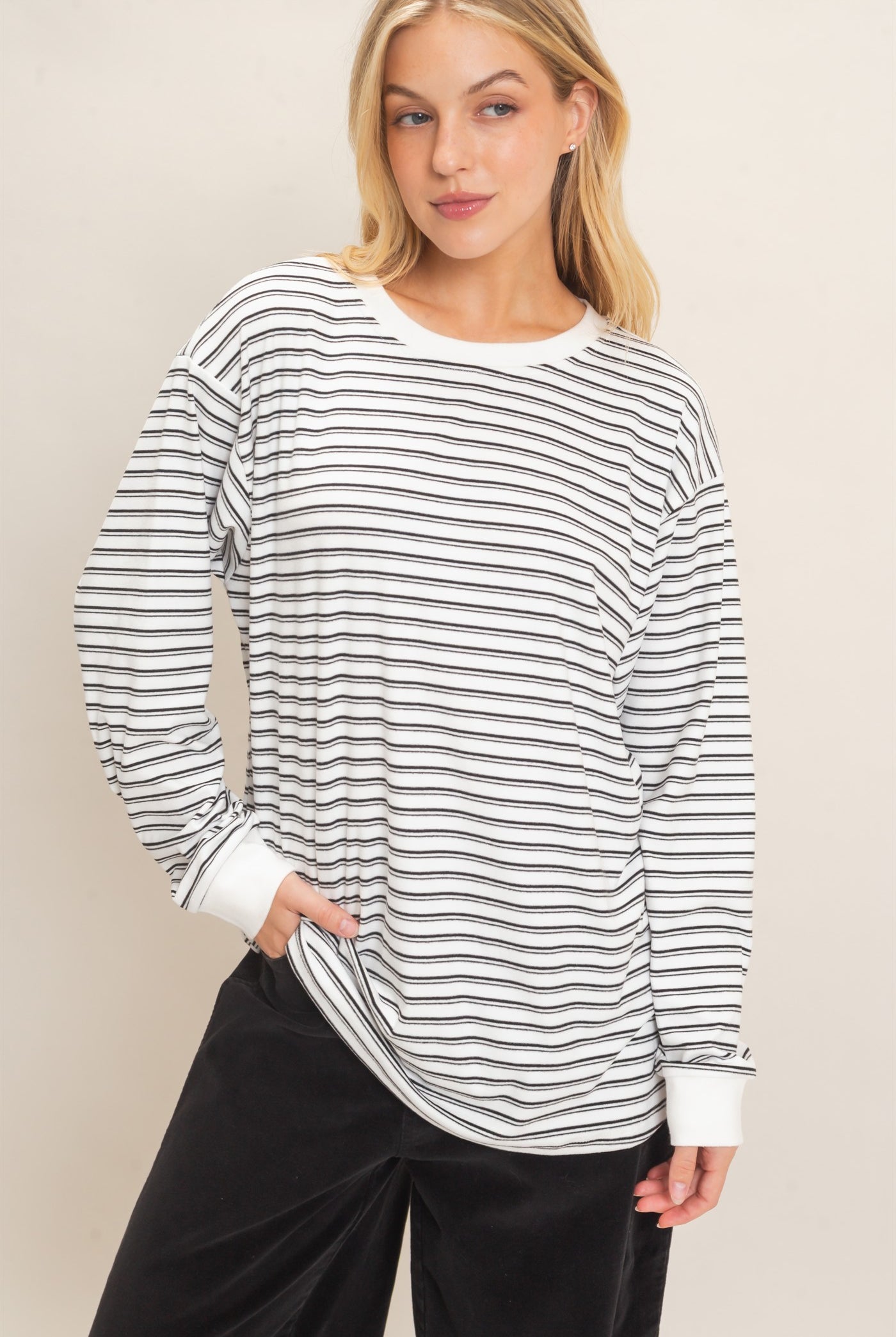 Wholesale Striped Long Sleeve Crew Neck Top Clothing Tops HF26C676 WHITE HYFVE