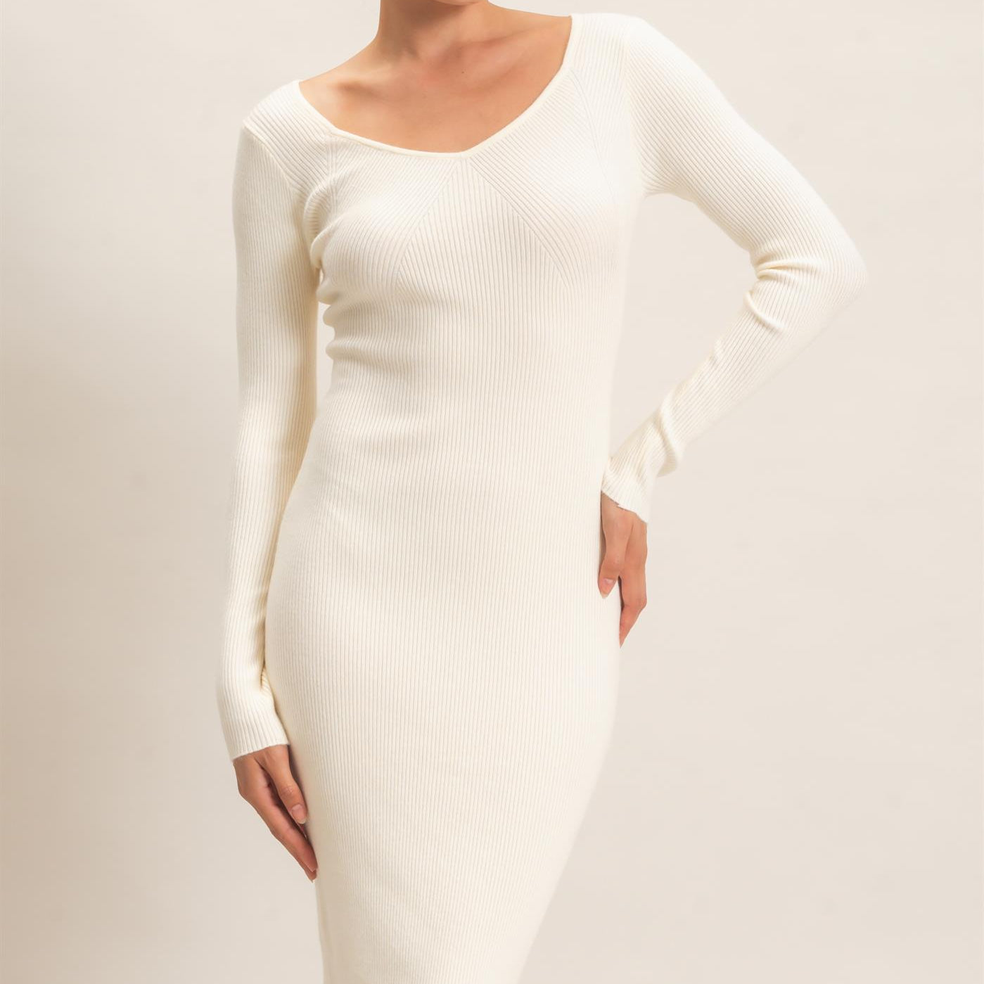 Wholesale Ribbed V-Neck Long Sleeve Dress Dresses HF26E217 WARM CREAM HYFVE