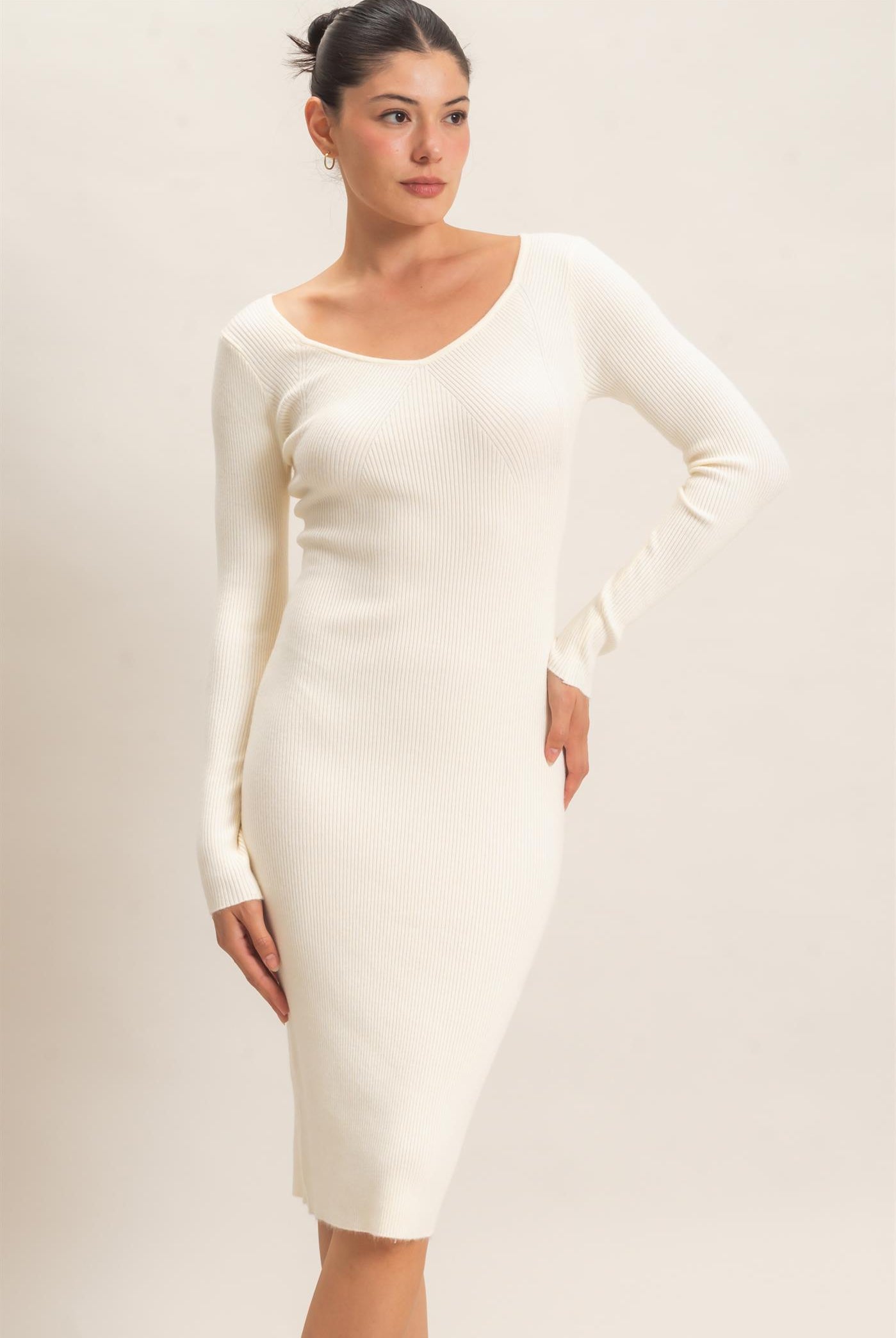 Wholesale Ribbed V-Neck Long Sleeve Dress Dresses HF26E217 WARM CREAM HYFVE