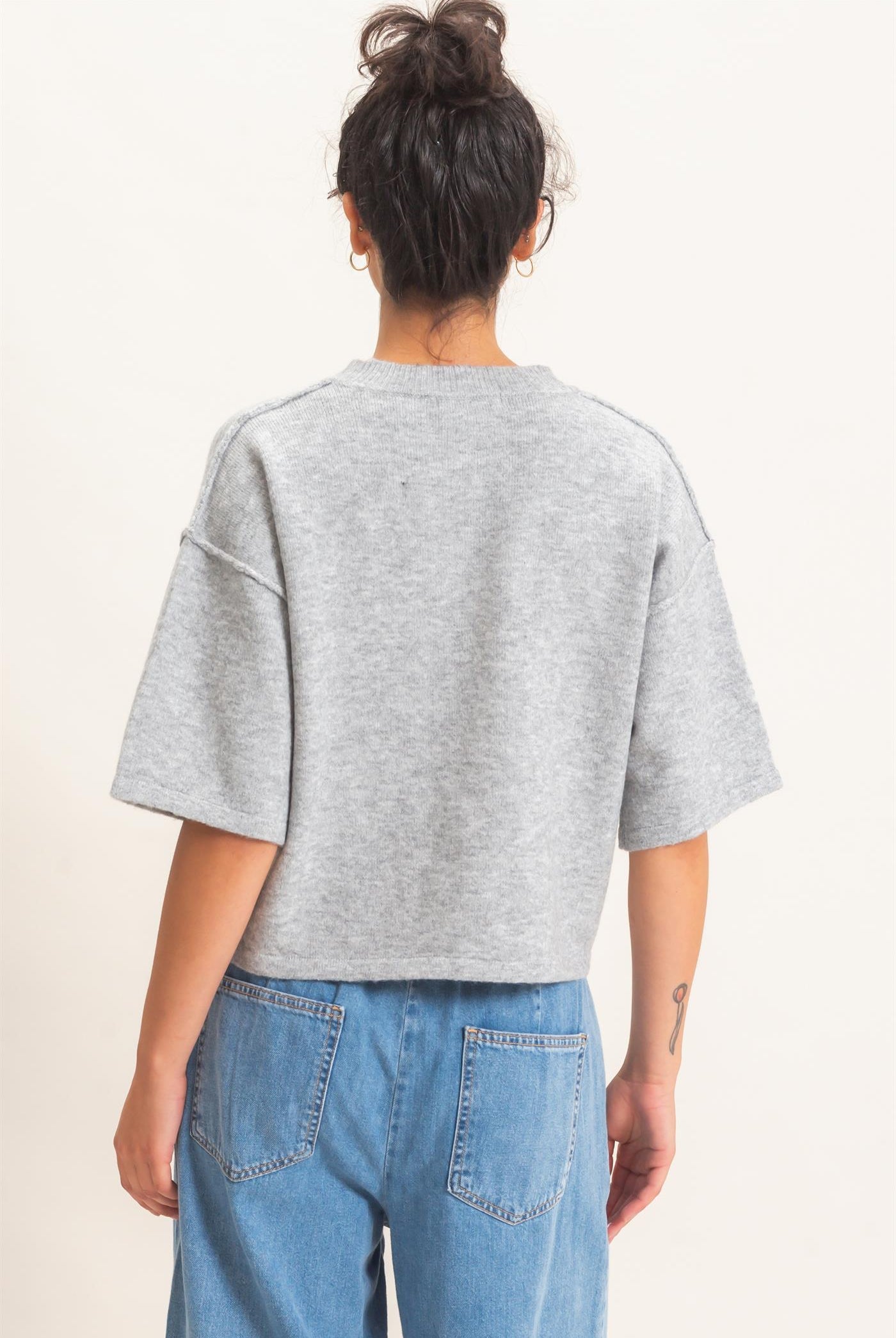 Wholesale Drop Shoulder Short Sleeve Cardigan Cardigans DZ26E238 HEATHER GRAY DOUBLE ZERO
