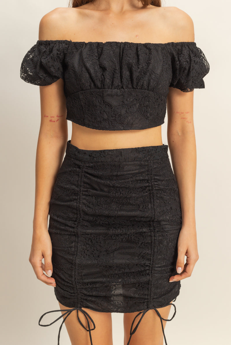 Wholesale Lace Off Shoulder Matching Skirt Set Clothing HF22F439-SET BLACK HYFVE
