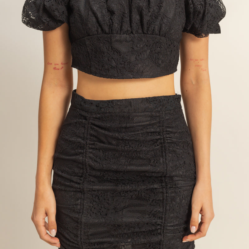 Wholesale Lace Off Shoulder Matching Skirt Set Clothing HF22F439-SET BLACK HYFVE