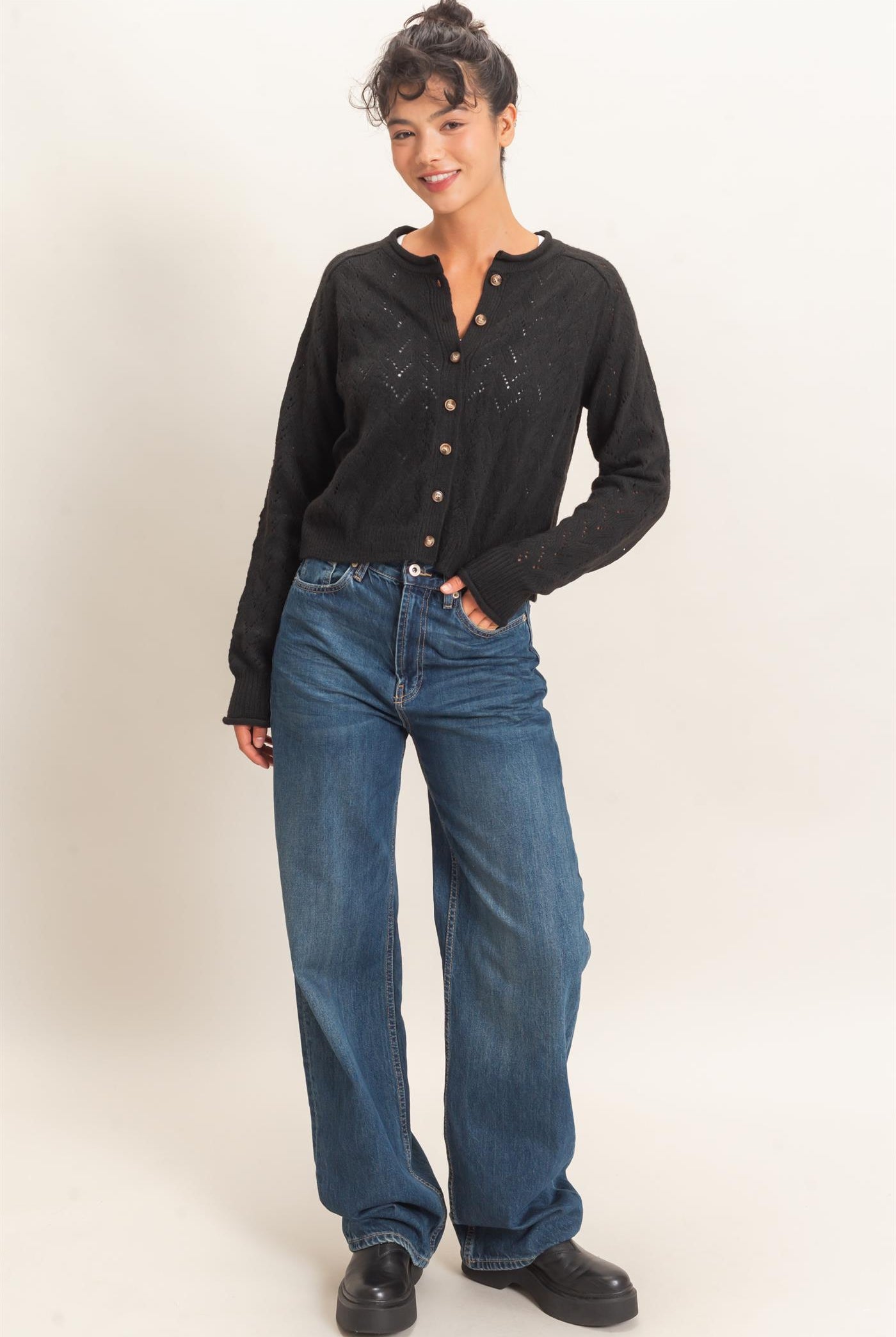 Wholesale Pointelle Knit Button Front Cardigan Cardigans DZ26C978 BLACK DOUBLE ZERO