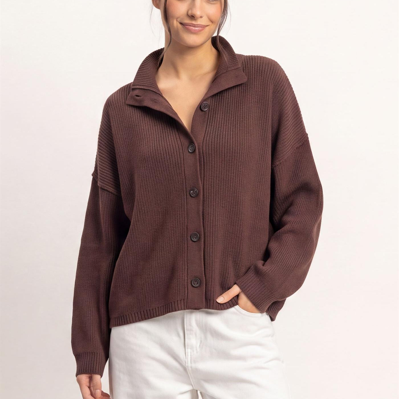 Wholesale High Neck Oversized Cardigan Cardigans DZ26E280 DARK BROWN DOUBLE ZERO