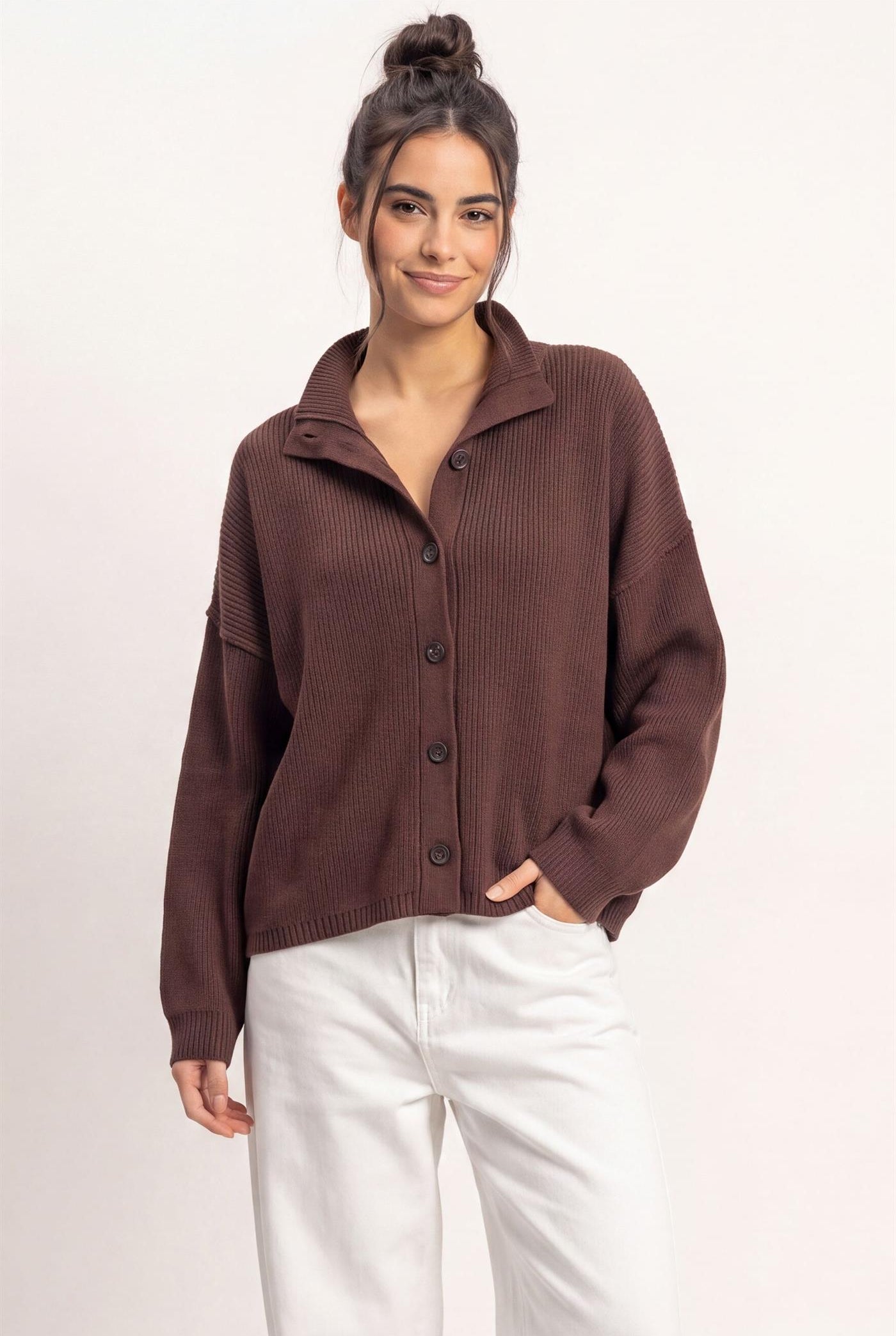 Wholesale High Neck Oversized Cardigan Cardigans DZ26E280 DARK BROWN DOUBLE ZERO