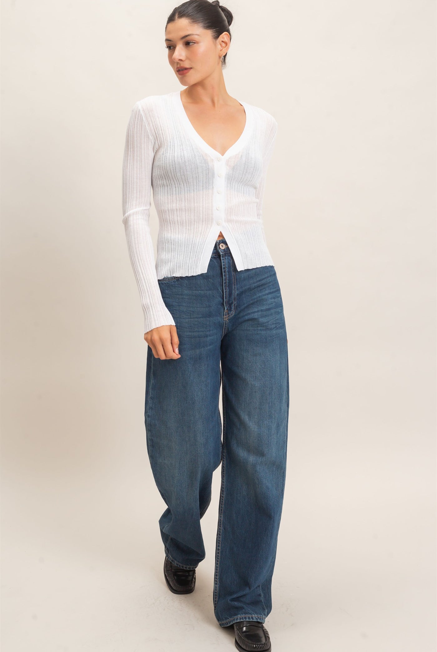 Wholesale Ribbed V-Neck Cardigan Cardigans HF26E154 WARM WHITE HYFVE