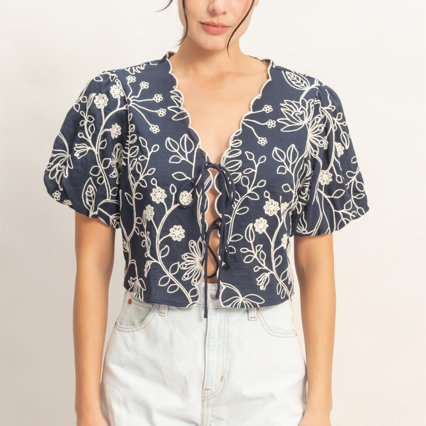 Wholesale Floral Embroidered Tie-Front Top Blouses HF26C556-D NAVY HYFVE