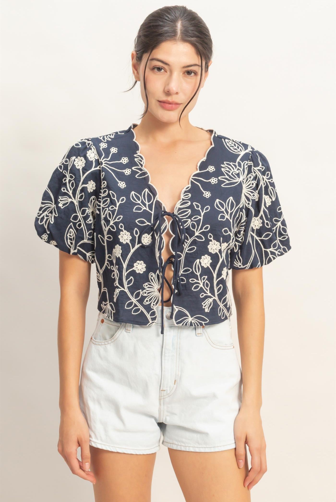 Wholesale Floral Embroidered Tie-Front Top Blouses HF26C556-D NAVY HYFVE