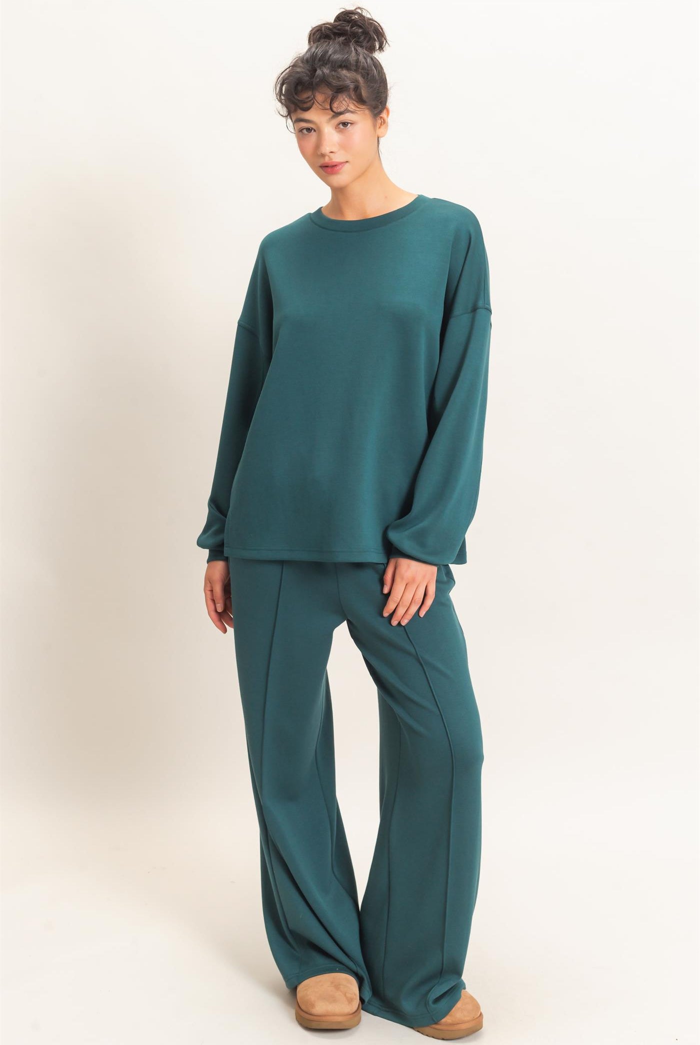 Wholesale Drawstring Waist Pintuck Wide Leg Pants Pants DZ26E384 DEEP GREEN HYFVE
