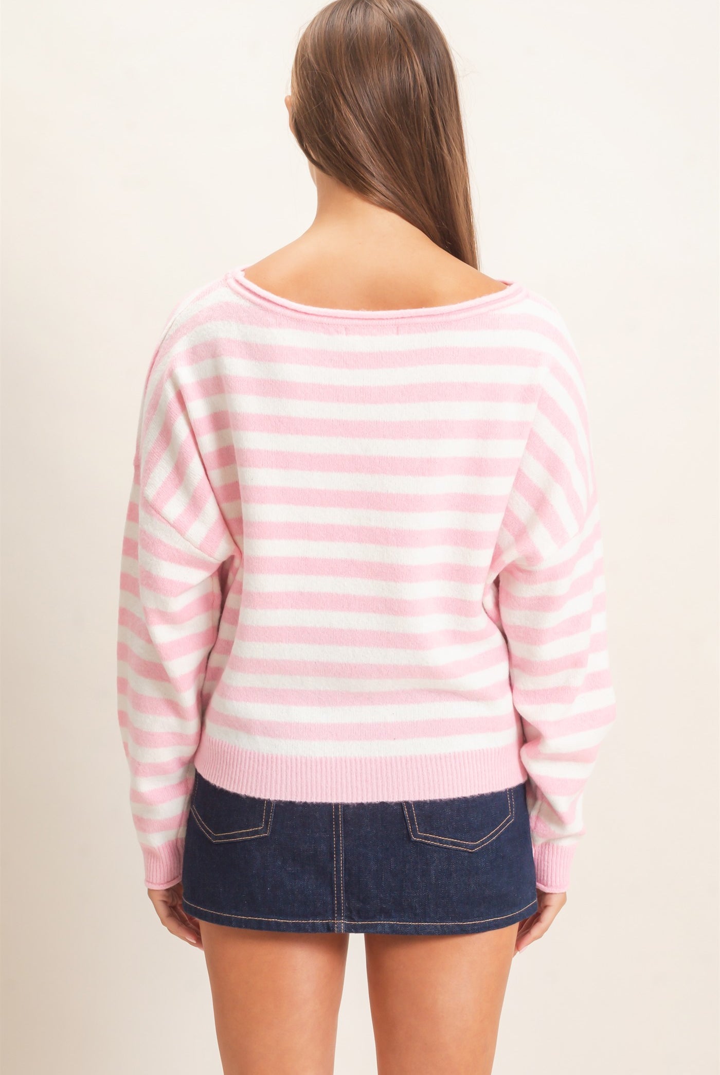 Wholesale Off The Shoulder Striped Sweater Sweaters DZ26E653 PINK DOUBLE ZERO