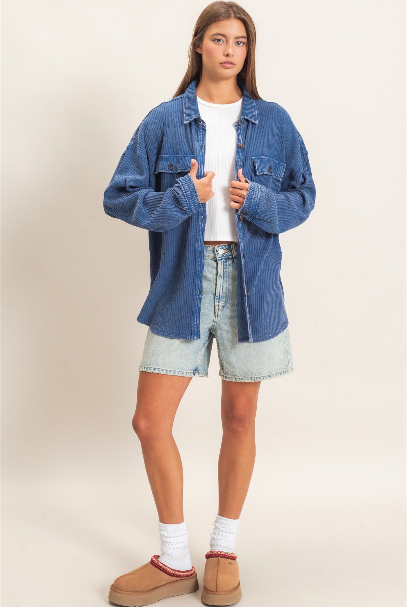 Wholesale Mineral Wash Waffle Knit Button-Up Shacket Coats & Jackets DZ26E249 NAVY DOUBLE ZERO