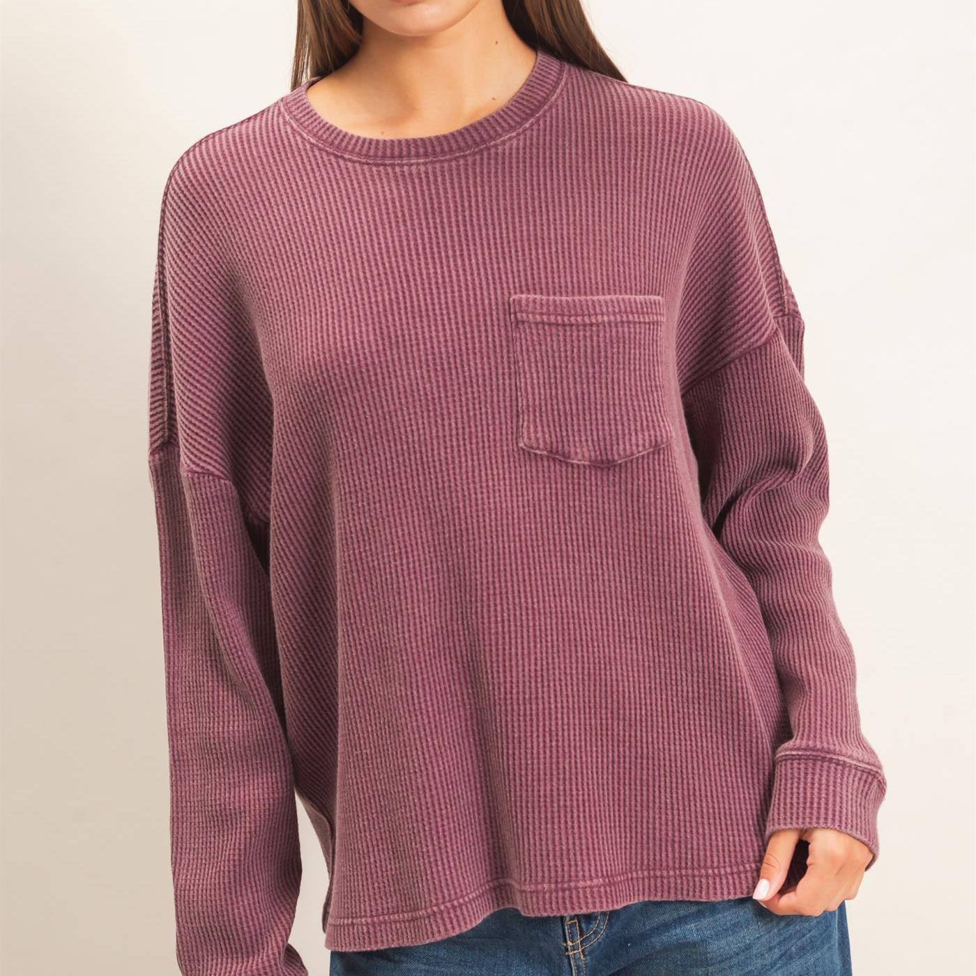 Wholesale Mineral Wash Waffle Long Sleeve Top Clothing Tops DZ26F242 DARK CHERRY DOUBLE ZERO