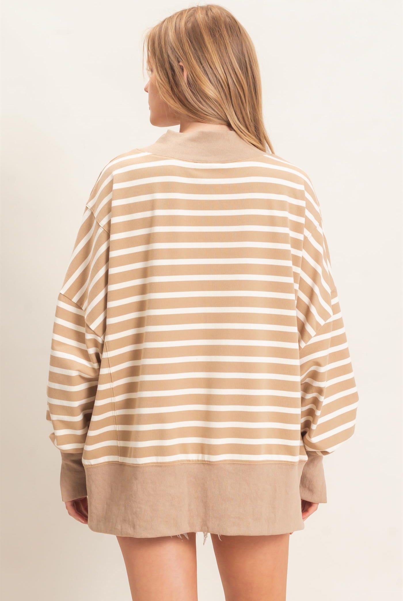 Wholesale Striped Mock Neck Sweatshirt Sweatshirts HF27A178-D TAUPE/CREAM HYFVE