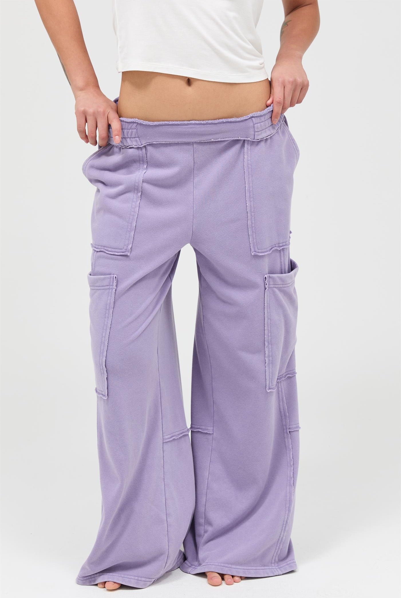 Wholesale Mineral Wash Wide Leg Cargo Pants Pants DZ26A256 DUSTY PURPLE DOUBLE ZERO