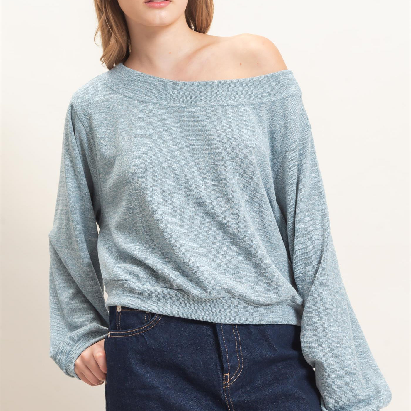 Wholesale Off Shoulder Knit Sweatshirt Blouses HF26F028 BLUE HYFVE