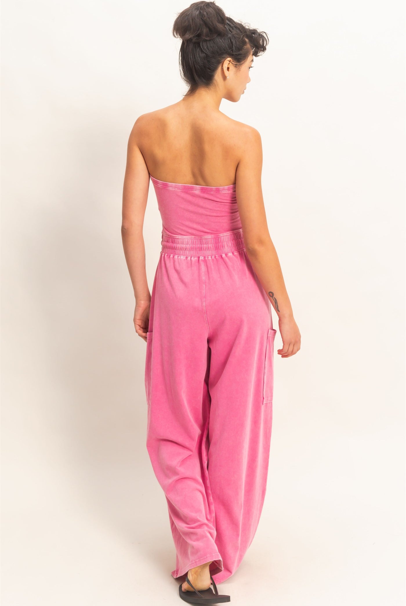 Wholesale Mineral Wash Strapless Wide-Leg Jumpsuit Clothing DZ26C376 FUCHSIA DOUBLE ZERO