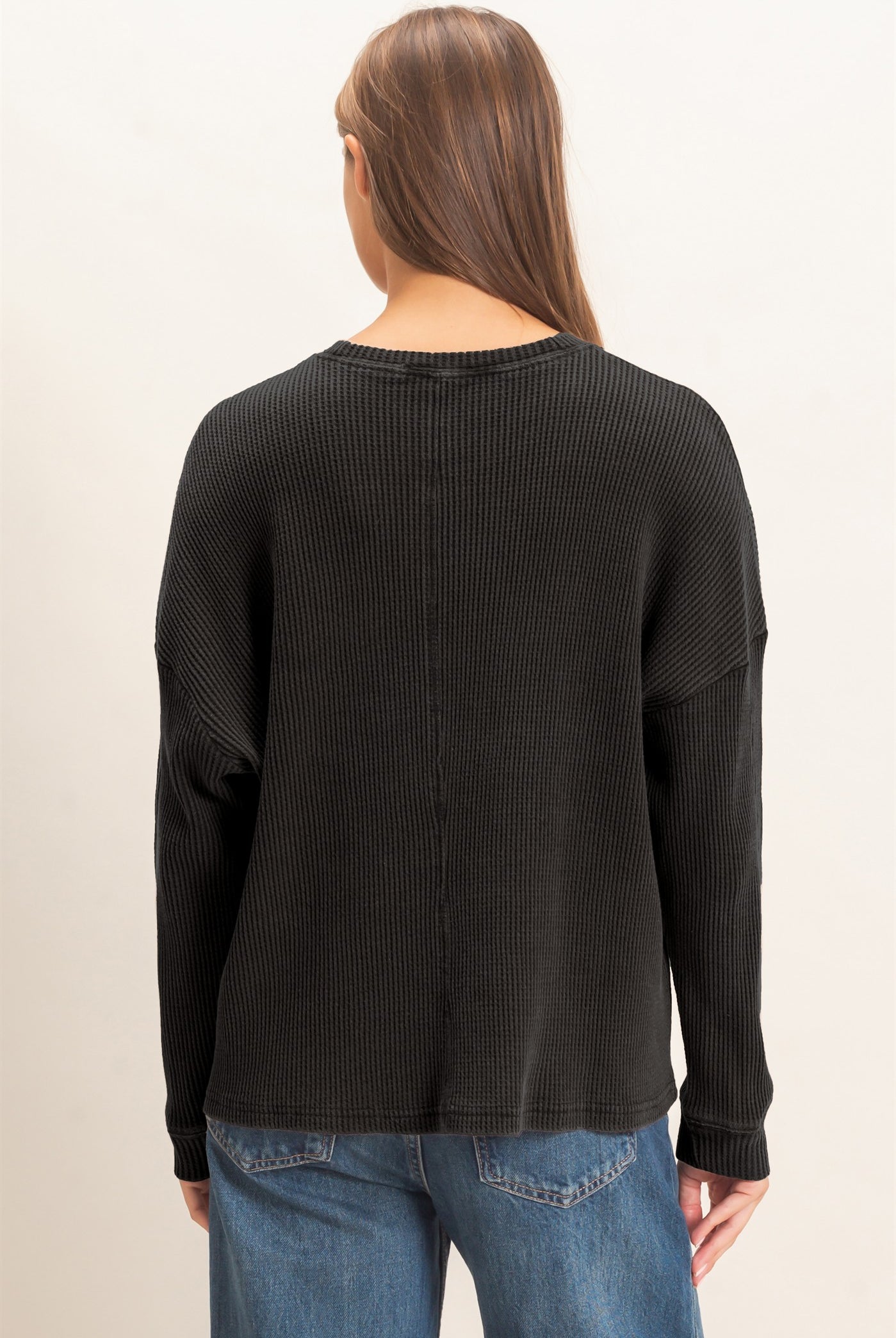 Wholesale Mineral Wash Waffle Long Sleeve Top Clothing Tops DZ26F242 BLACK DOUBLE ZERO