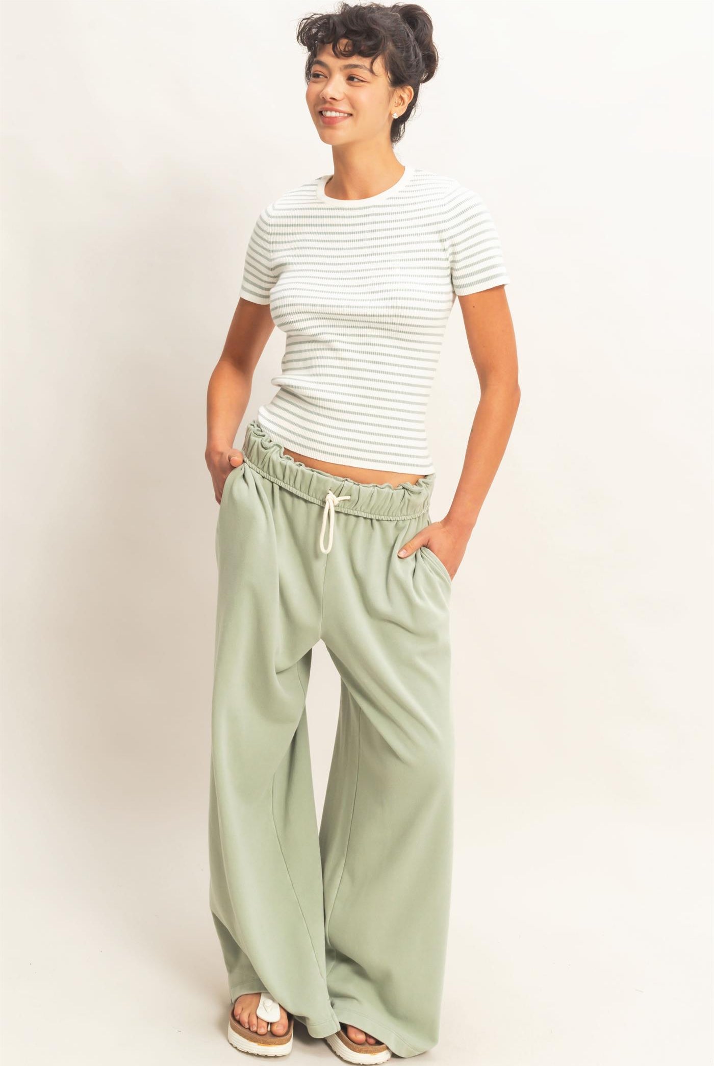 Wholesale Striped Ribbed Short Sleeve Crew Neck Knit Top Clothing Tops DZ26A450 SAGE GREEN DOUBLE ZERO