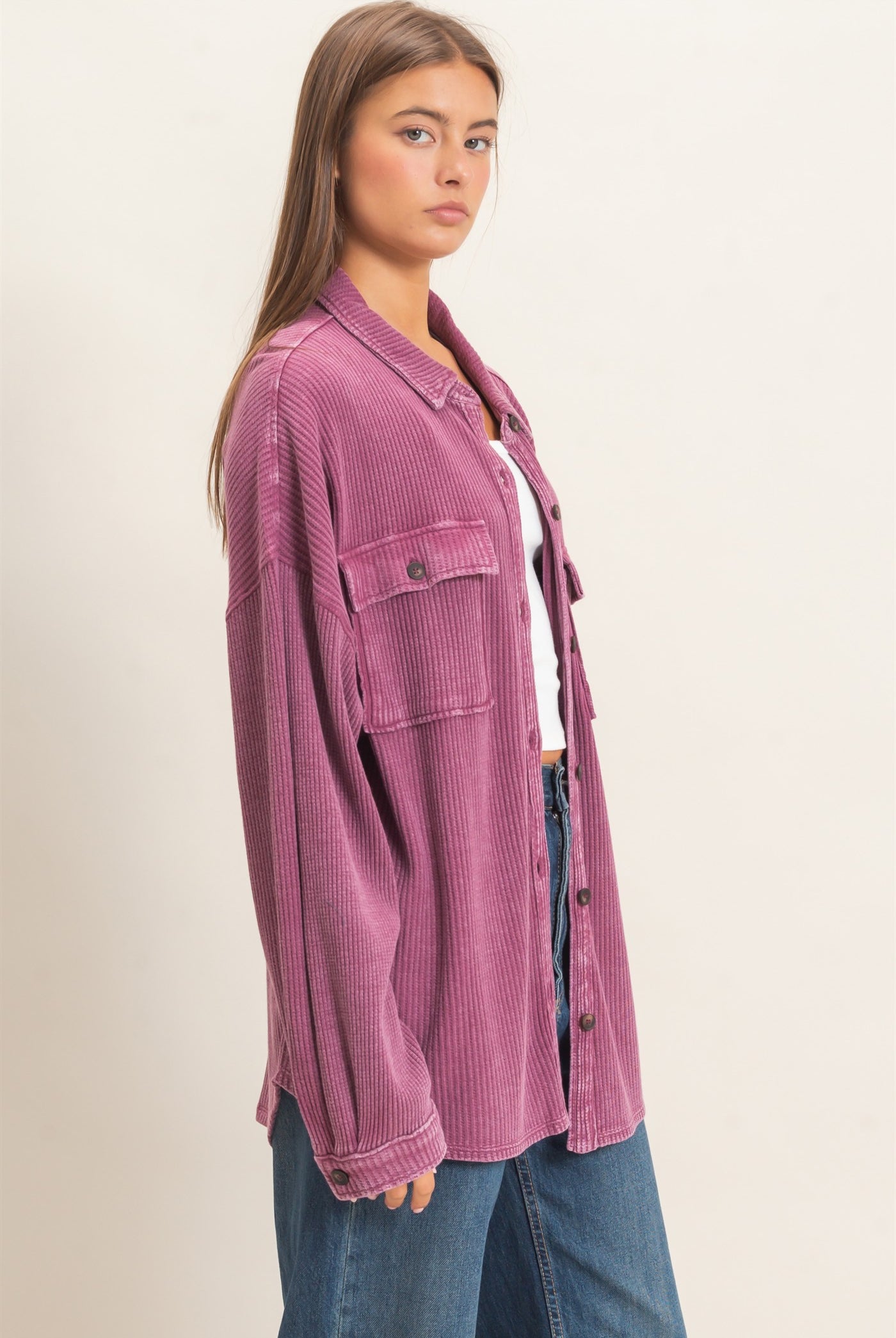 Wholesale Mineral Wash Waffle Knit Button-Up Shacket Coats & Jackets DZ26E249 DARK CHERRY DOUBLE ZERO