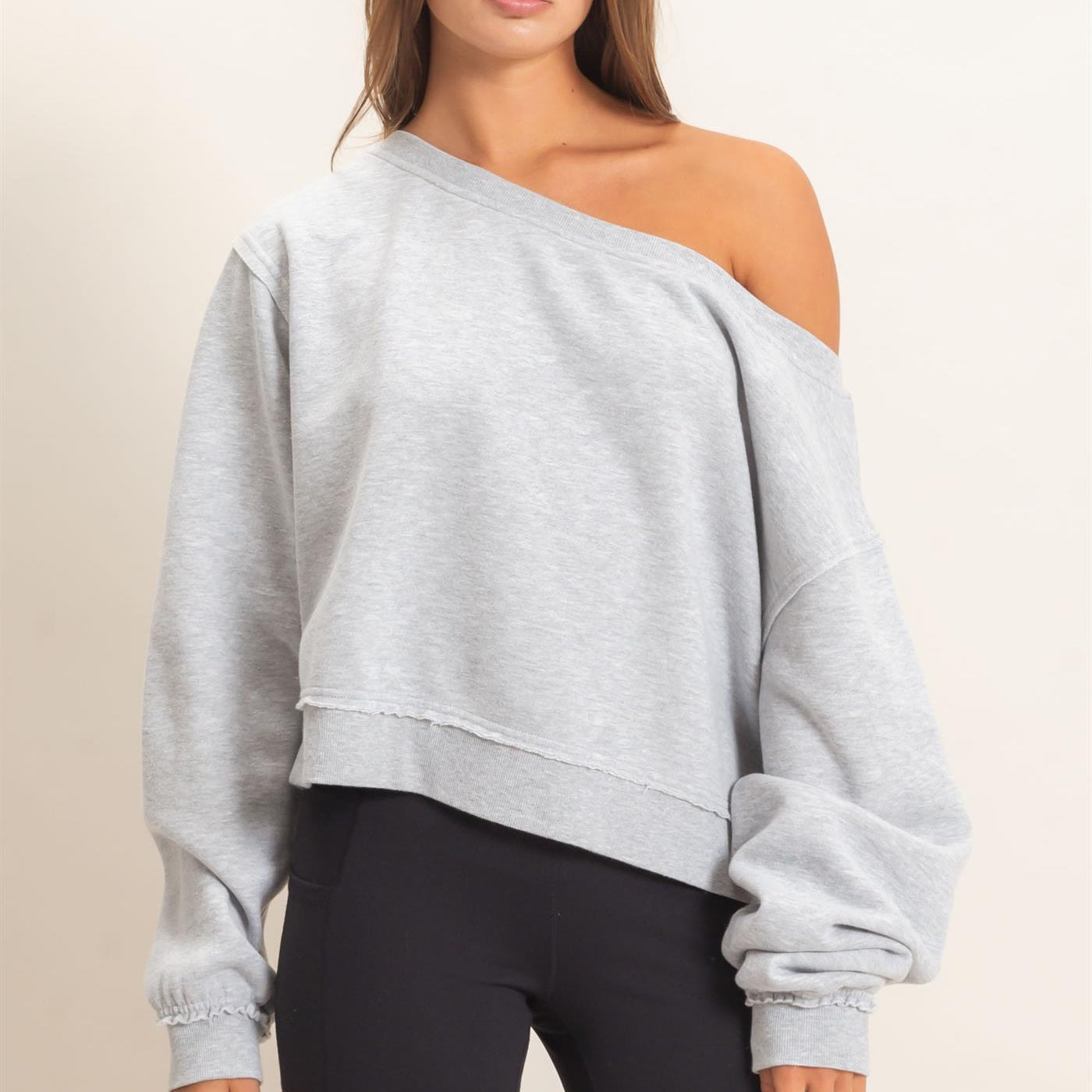 Wholesale Raw Edge Acid Wash Off The Shoulder Sweatshirt Sweatshirts DZ26F013 HEATHER GRAY DOUBLE ZERO