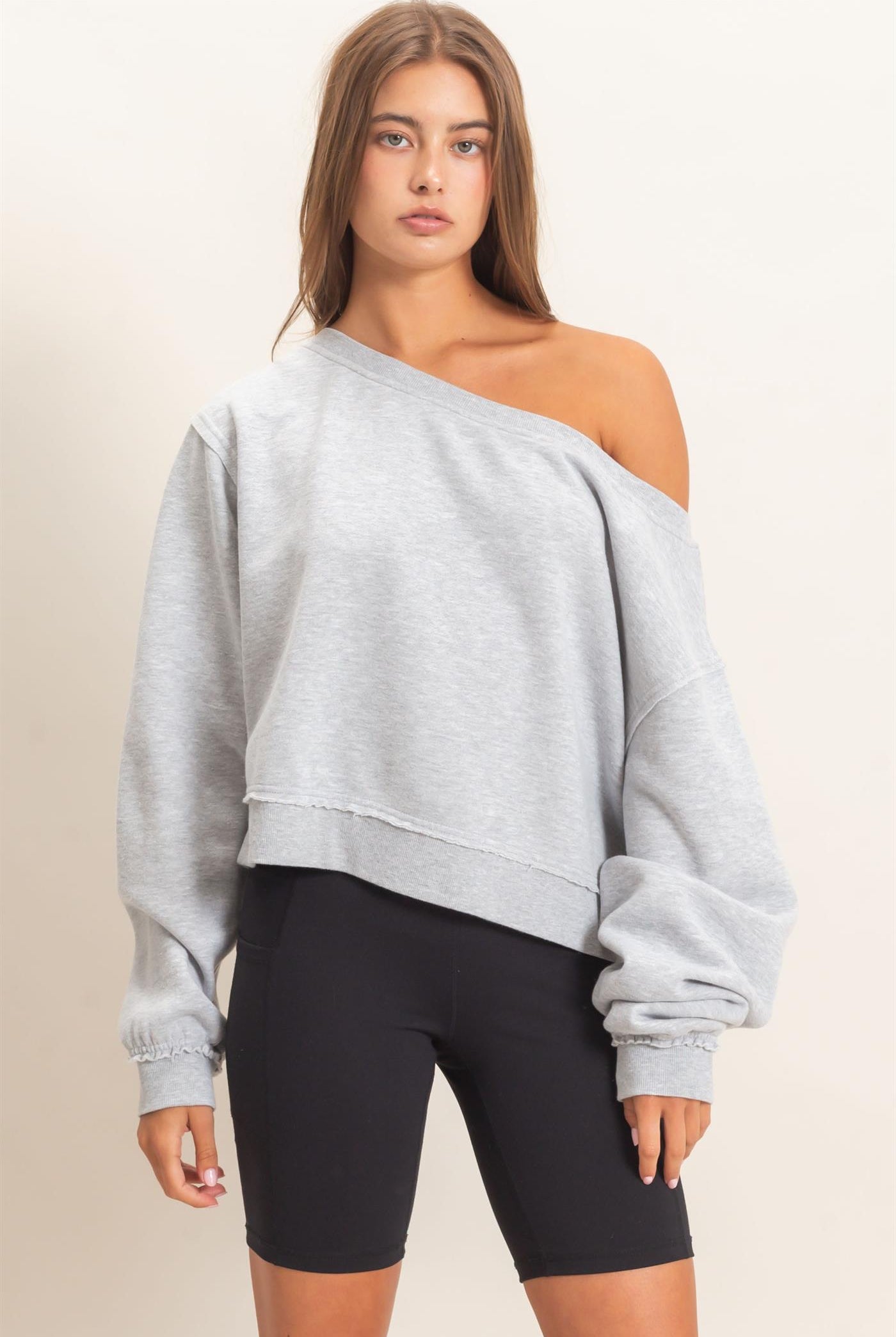 Wholesale Raw Edge Acid Wash Off The Shoulder Sweatshirt Sweatshirts DZ26F013 HEATHER GRAY DOUBLE ZERO