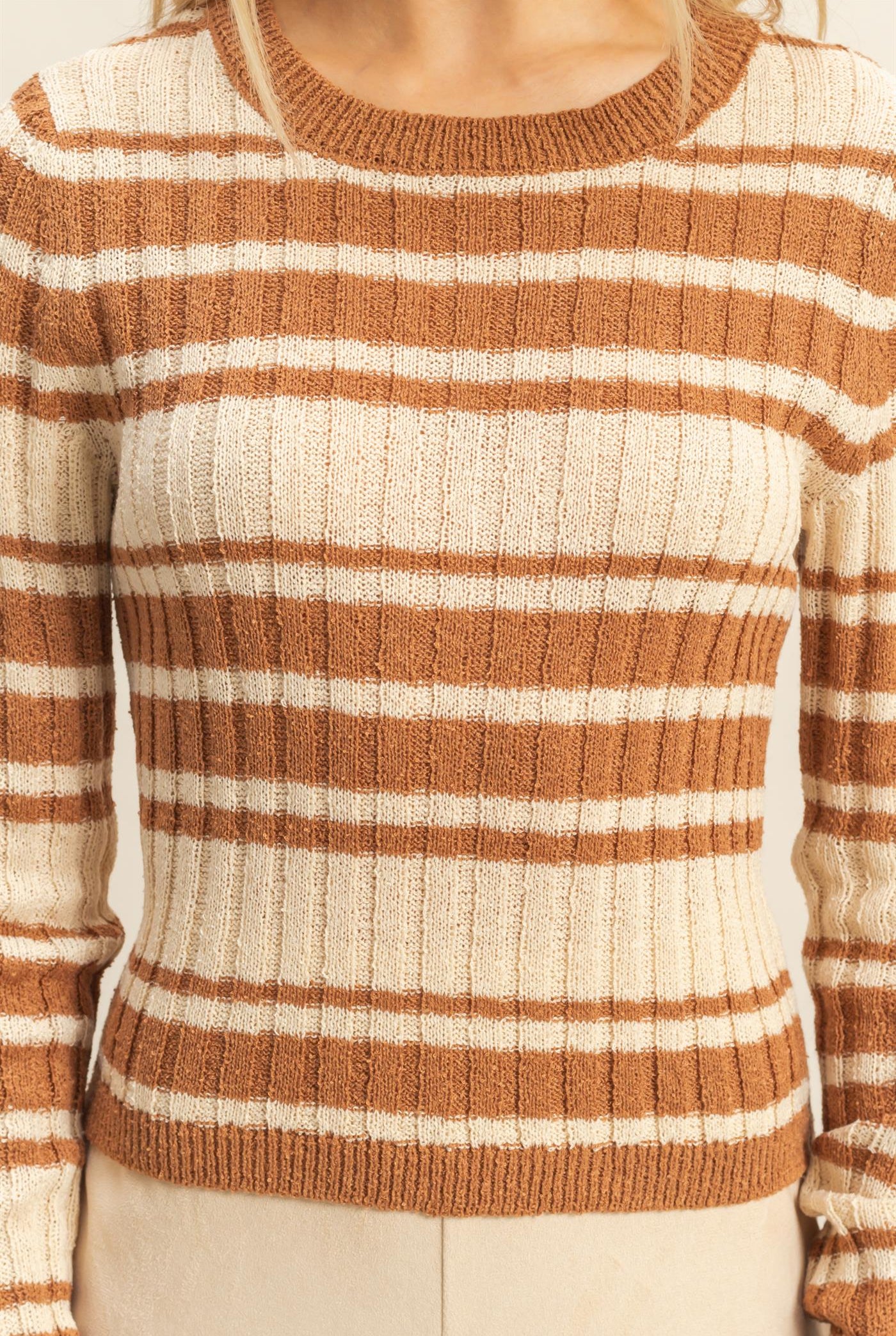 Wholesale Horizontal Striped Crew Neck Sweater Clothing Tops HF25E811 BROWN HYFVE