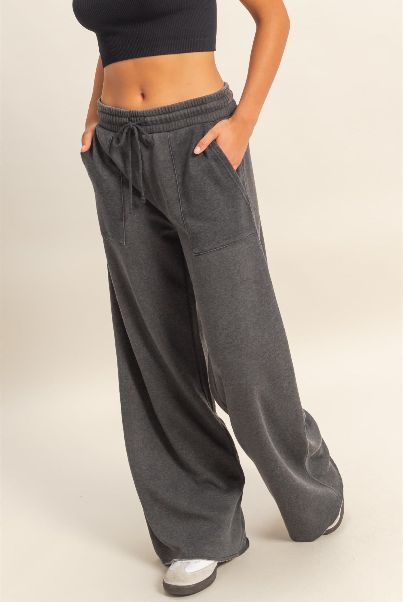 Wholesale Burnout French Terry Wide-Leg Pants Pants DZ26A259 BLACK DOUBLE ZERO