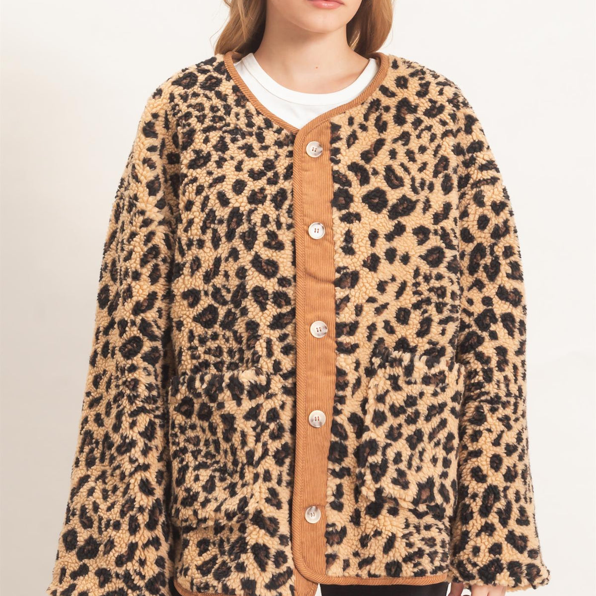 Wholesale Leopard Faux Fur Jacket With Contrast Trim Coats & Jackets HF26F162 TAUPE COMBO HYFVE
