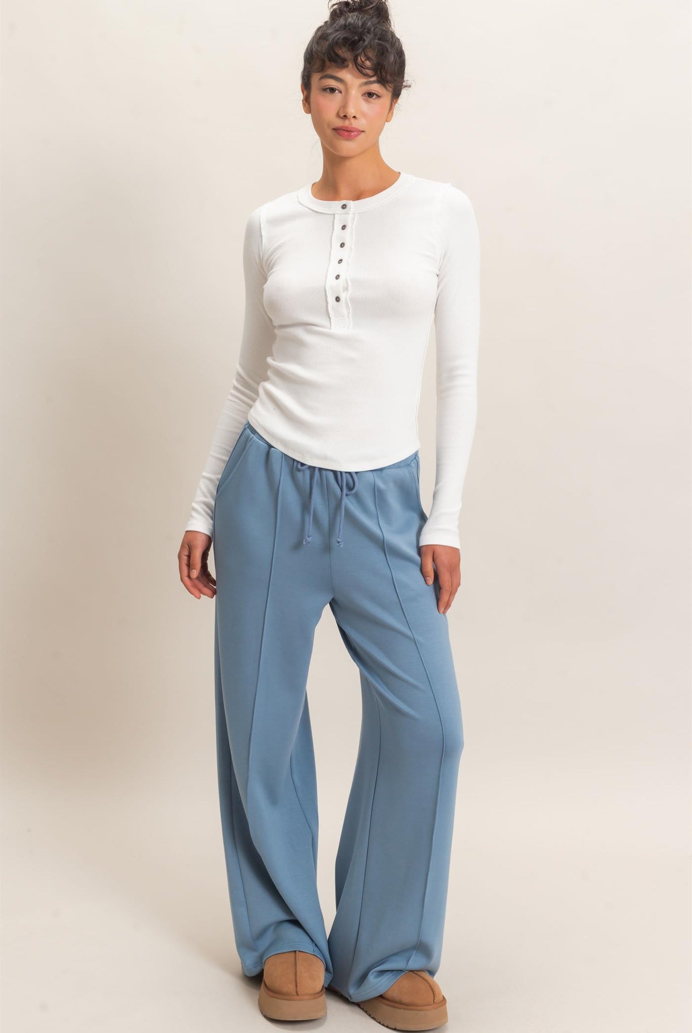 Wholesale Drawstring Waist Pintuck Wide Leg Pants Pants DZ26E384 DUSTY BLUE HYFVE