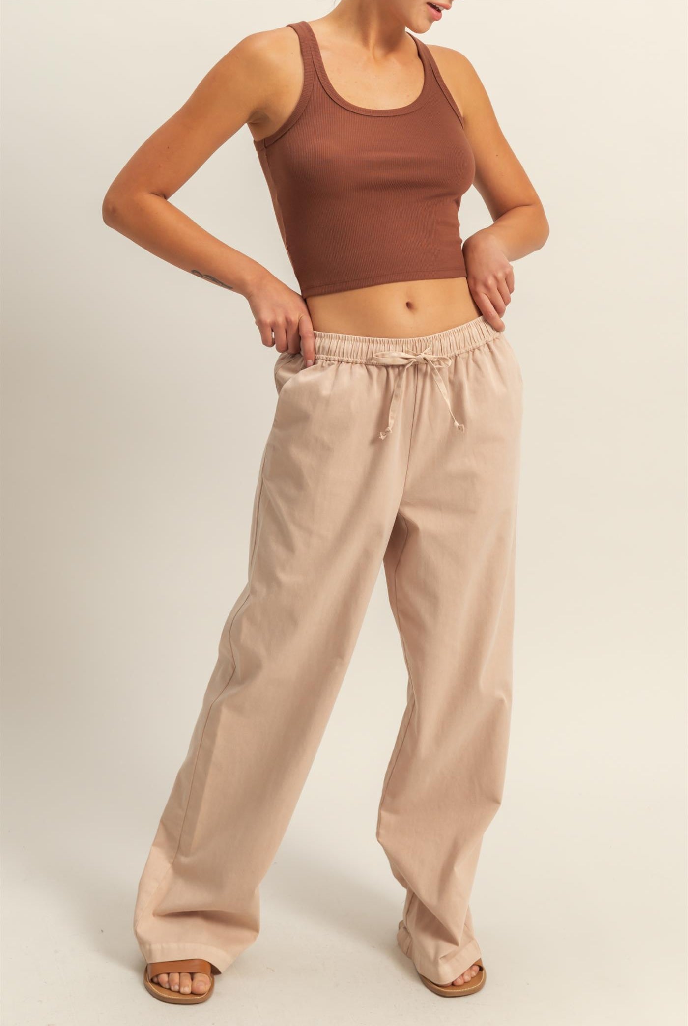 Wholesale Drawstring Waist Straight Leg Pants Pants DZ24A339 DARK TAUPE DOUBLE ZERO