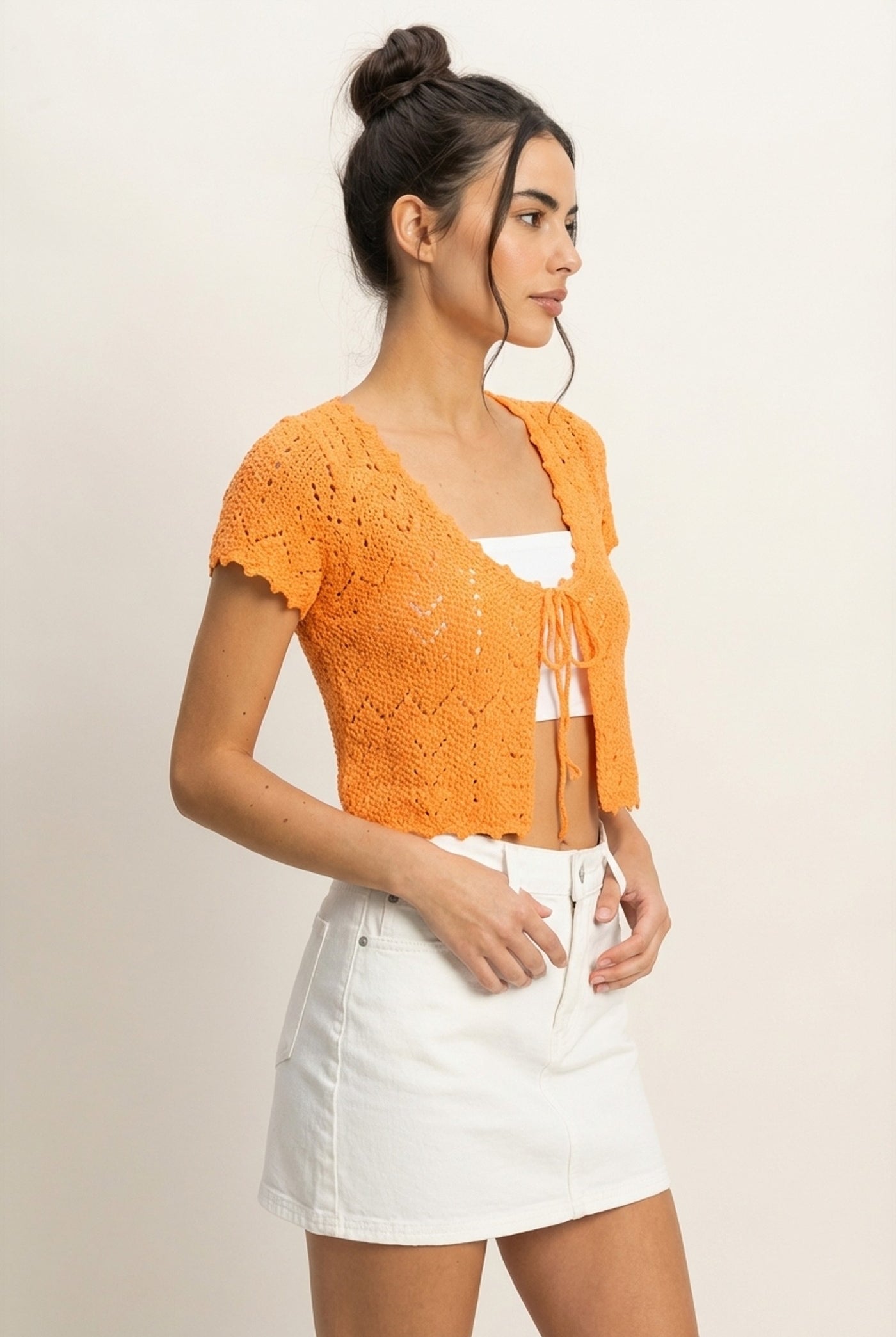 Wholesale Pointelle Tie Front Knit Cardigan Clothing Tops DZ24C268 ORANGE DOUBLE ZERO