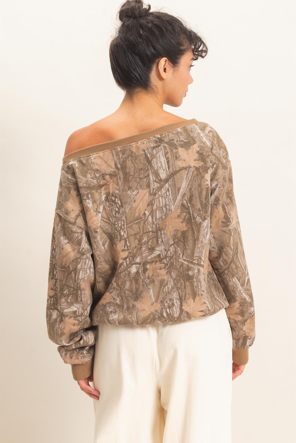 Wholesale Tree Camouflage Print Off The Shoulder Sweatshirt Sweatshirts DZ26F310 BROWN DOUBLE ZERO